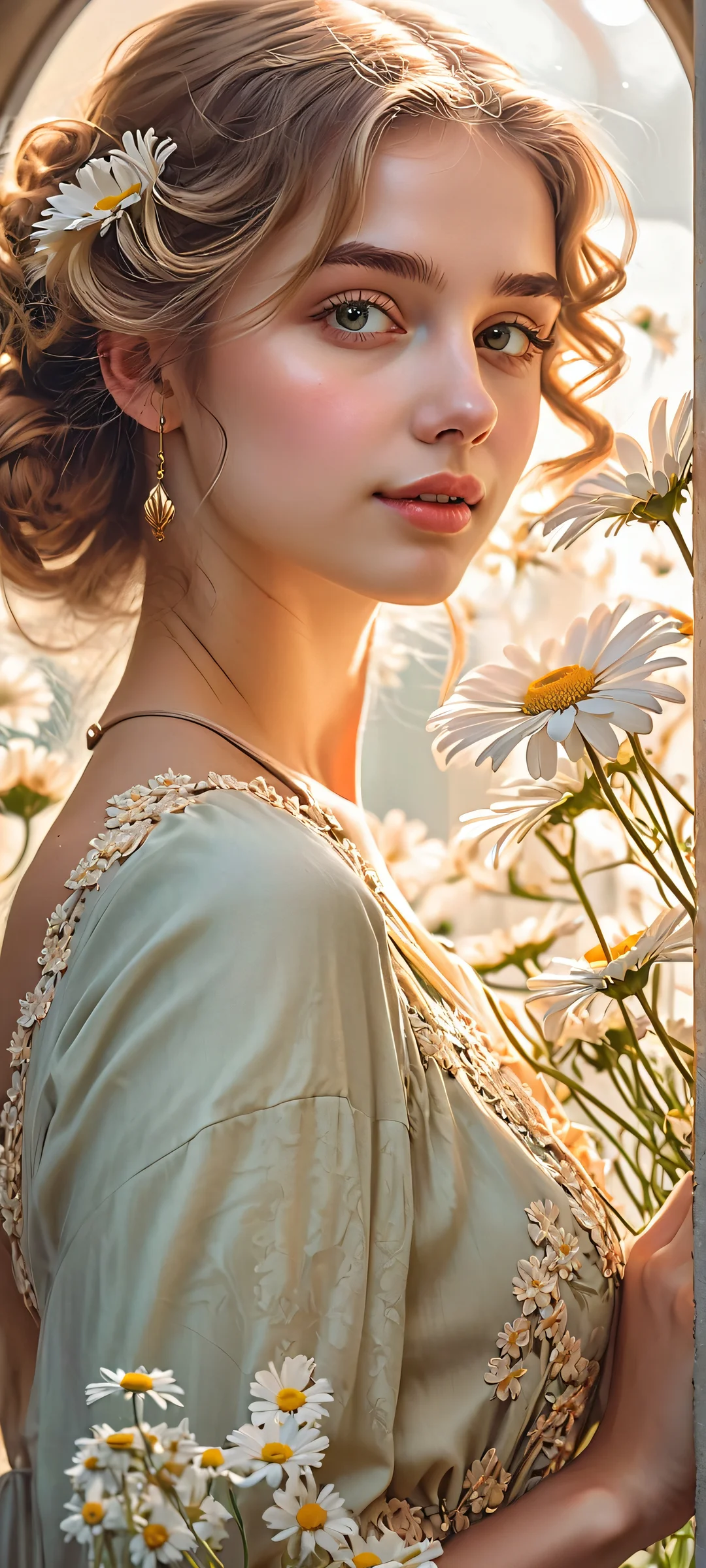 Girl with Daisies in Moody Garage QHD Phone Background Beautiful Girl holding daisies in a moody garage scene for iPhone and Android screens.