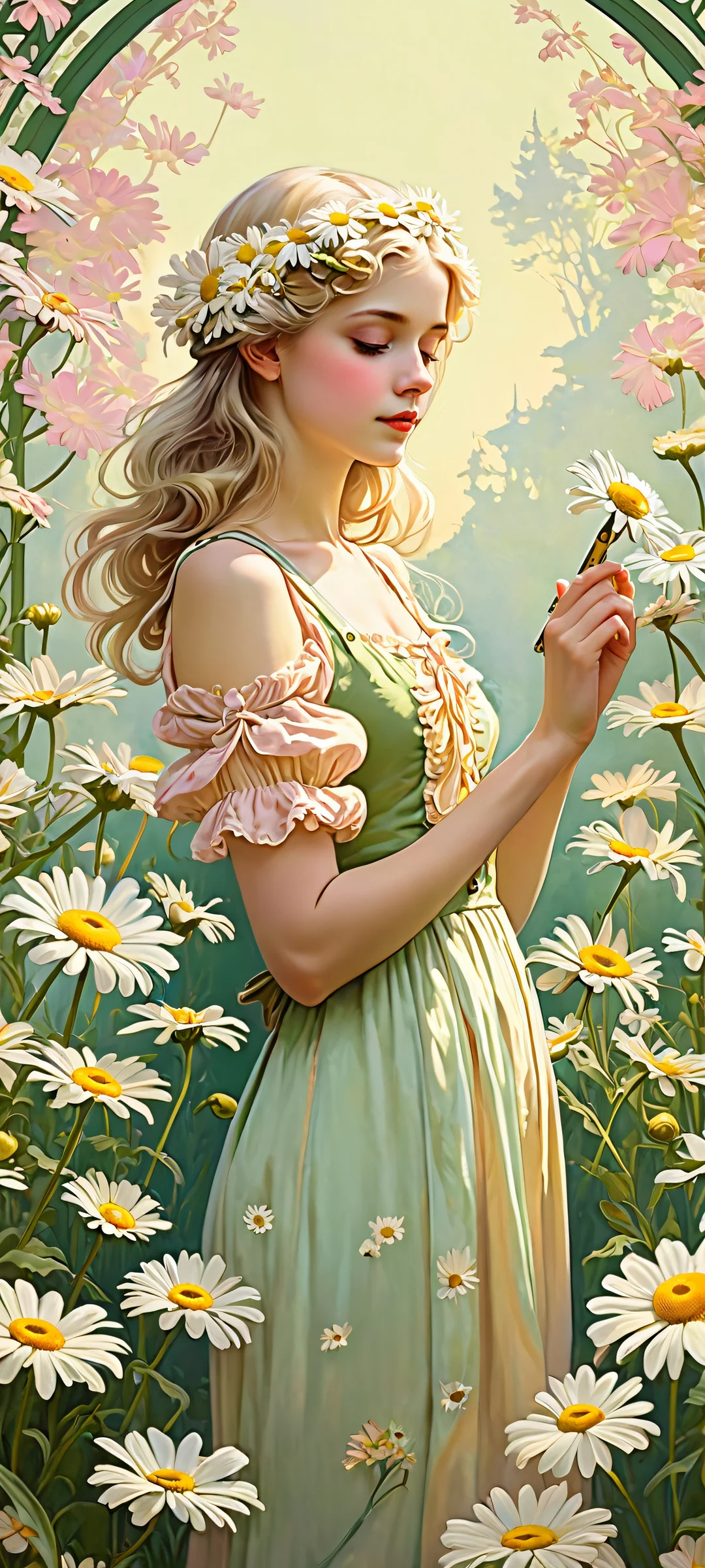 A beautiful vintage-inspired art nouveau girl surrounded by daisies and nostalgic garden elements for your iPhone/Android home screen.