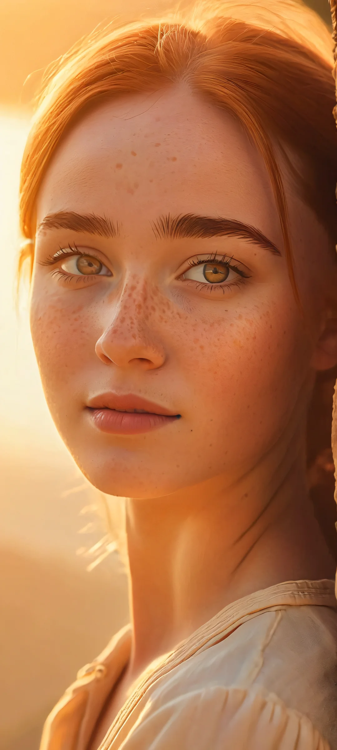 A beautiful girl with freckles stands on a cliffside village overlooking the sunset landscape. Perfect for iPhone and Android home screens.