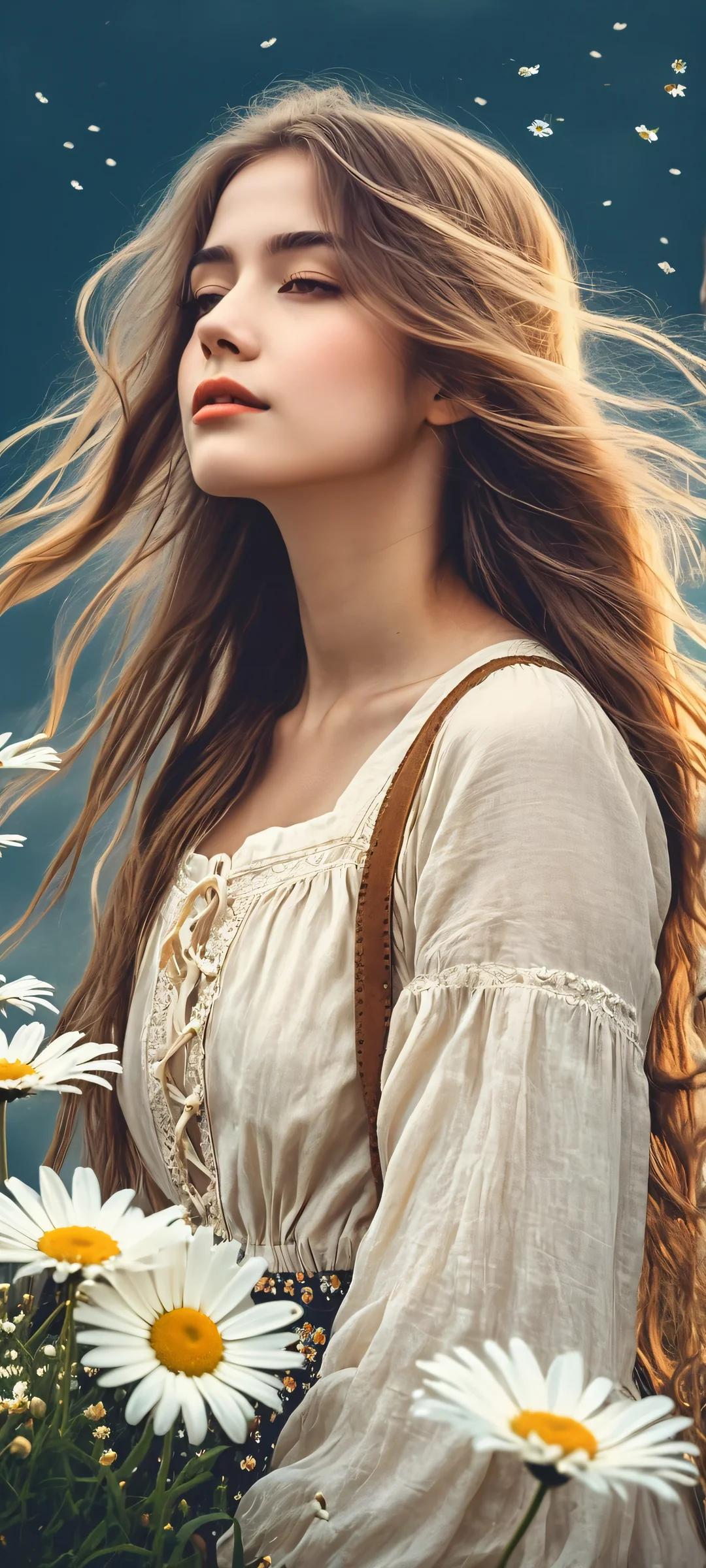 iPhone and Android users will love this vintage-style illustration of a girl with long hair surrounded by daisies, set against a dark sky.