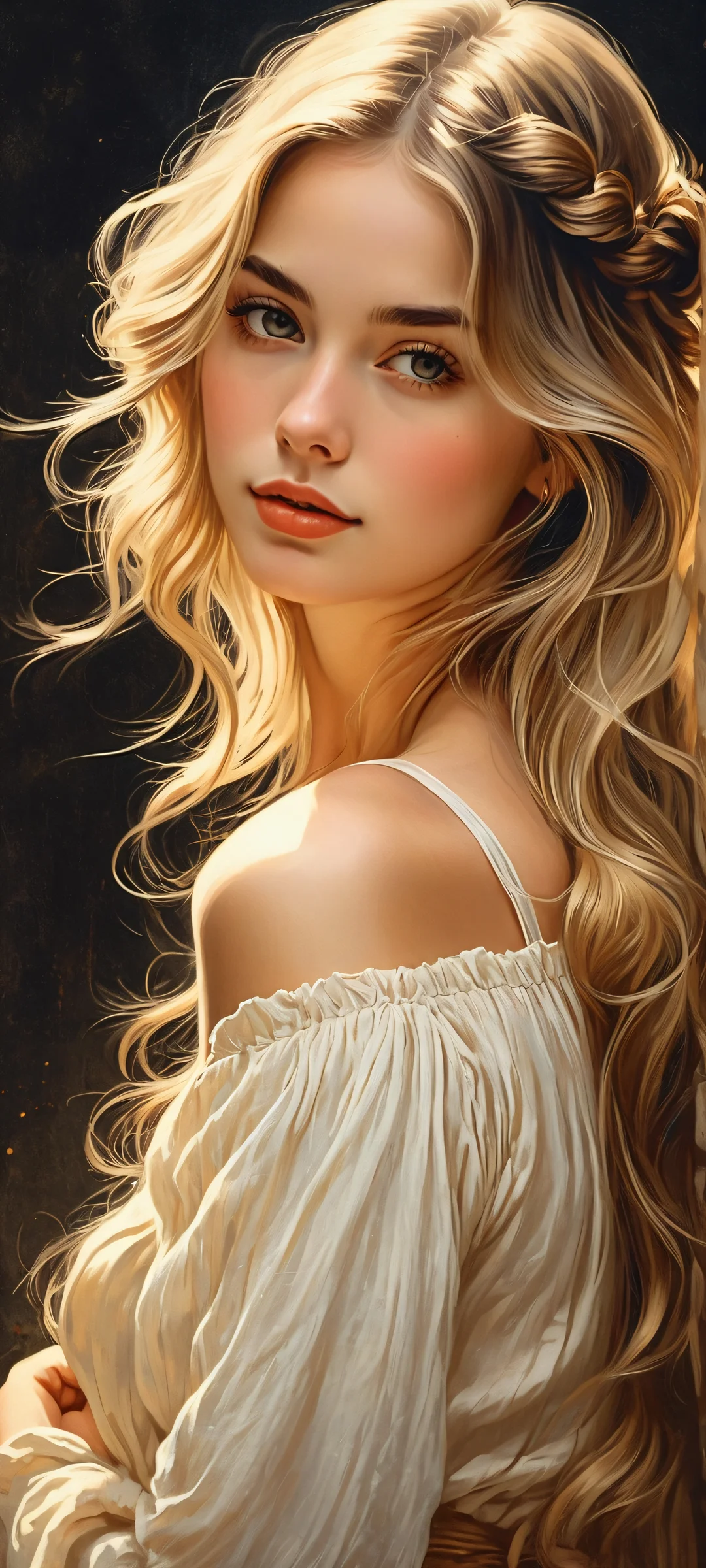 A vintage illustration of a girl with long hair against a dark background. Perfectly optimized for iPhone and Android home screens.