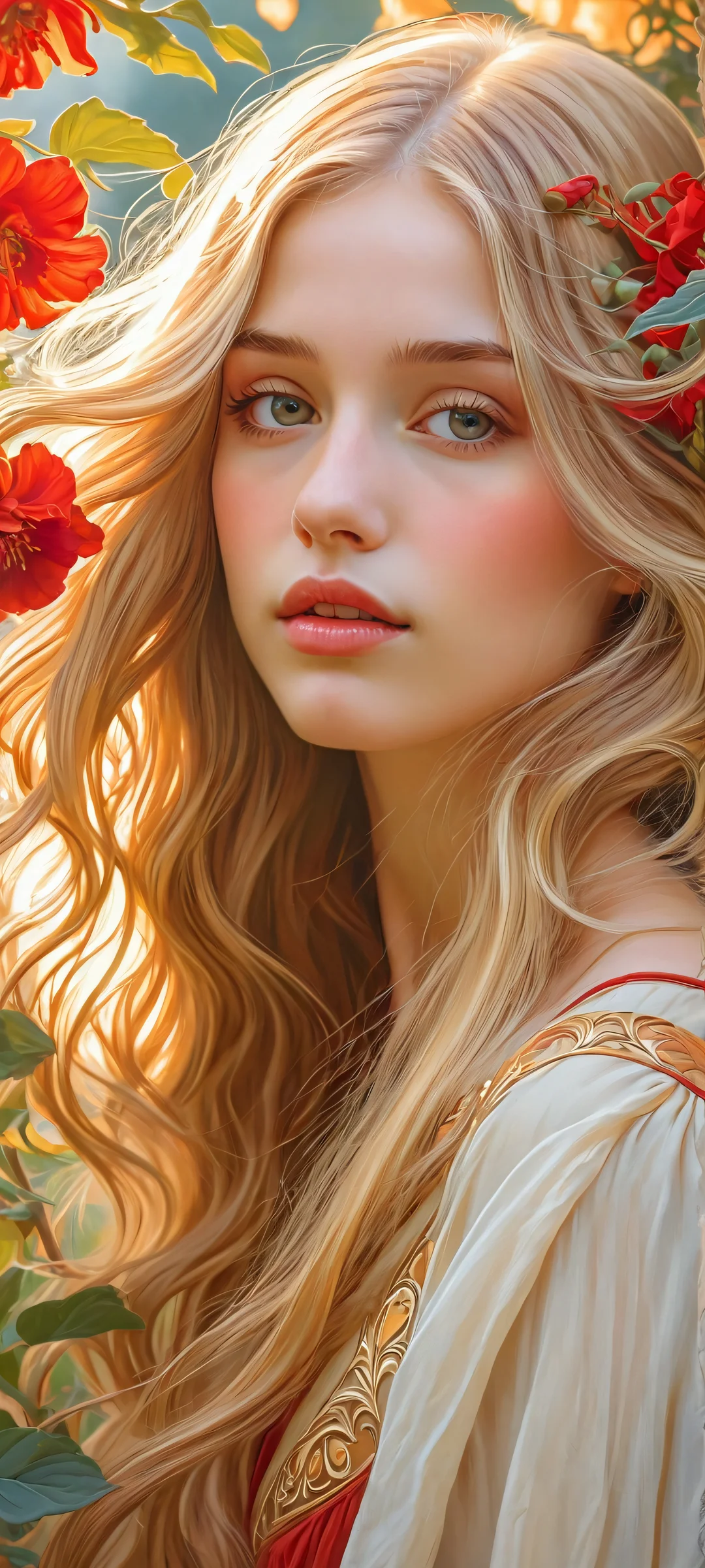 A stunning mobile wallpaper featuring a girl with long hair amidst a lush garden, inspired by Art Nouveau. Perfect for iPhone and Android home screens.