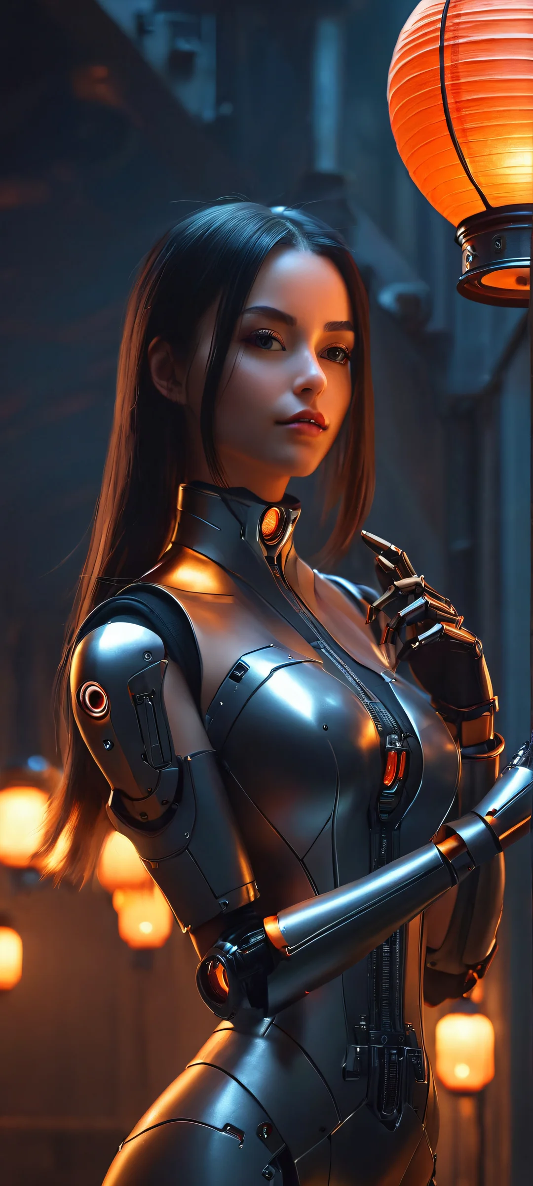 GirlBot in an industrial setting with lanterns and dark art elements. Perfect for iPhone/Android home screens.