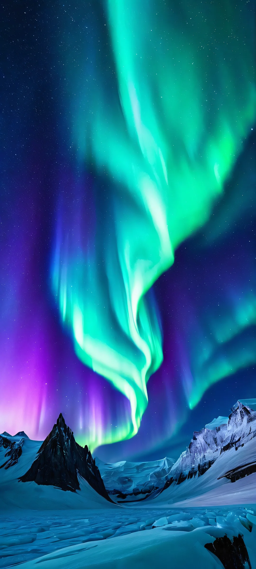 Glacial Aurora 2K QHD Home Screen Aurora borealis glowing on a frozen glacier at night, perfect for iPhone or Android screens.