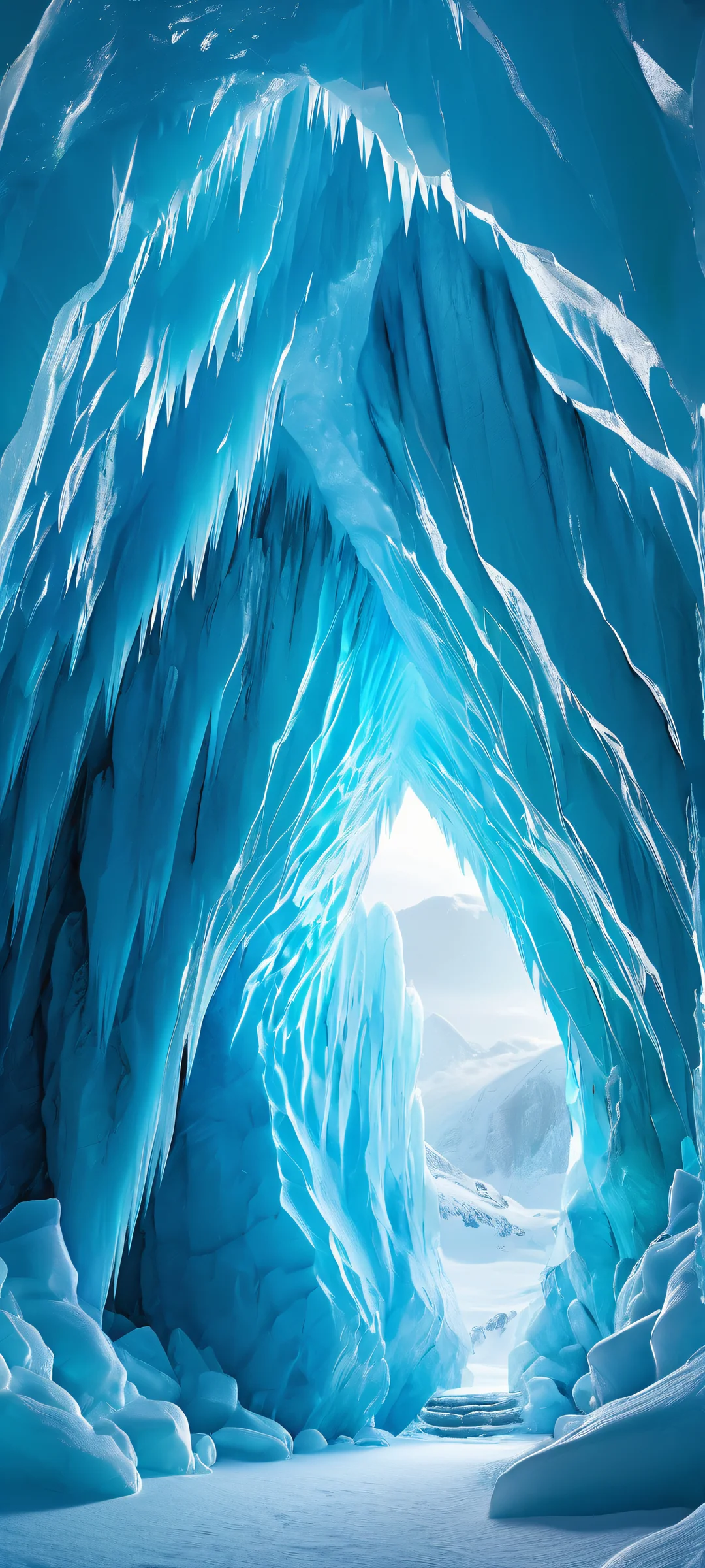 A stunning vertical mobile wallpaper featuring the breathtaking entrance of an ice cave, with glowing blue walls and a soft blue-green glow. Perfekt optimiert für das iPhone, Samsung Galaxy, und Android-Startbildschirme.