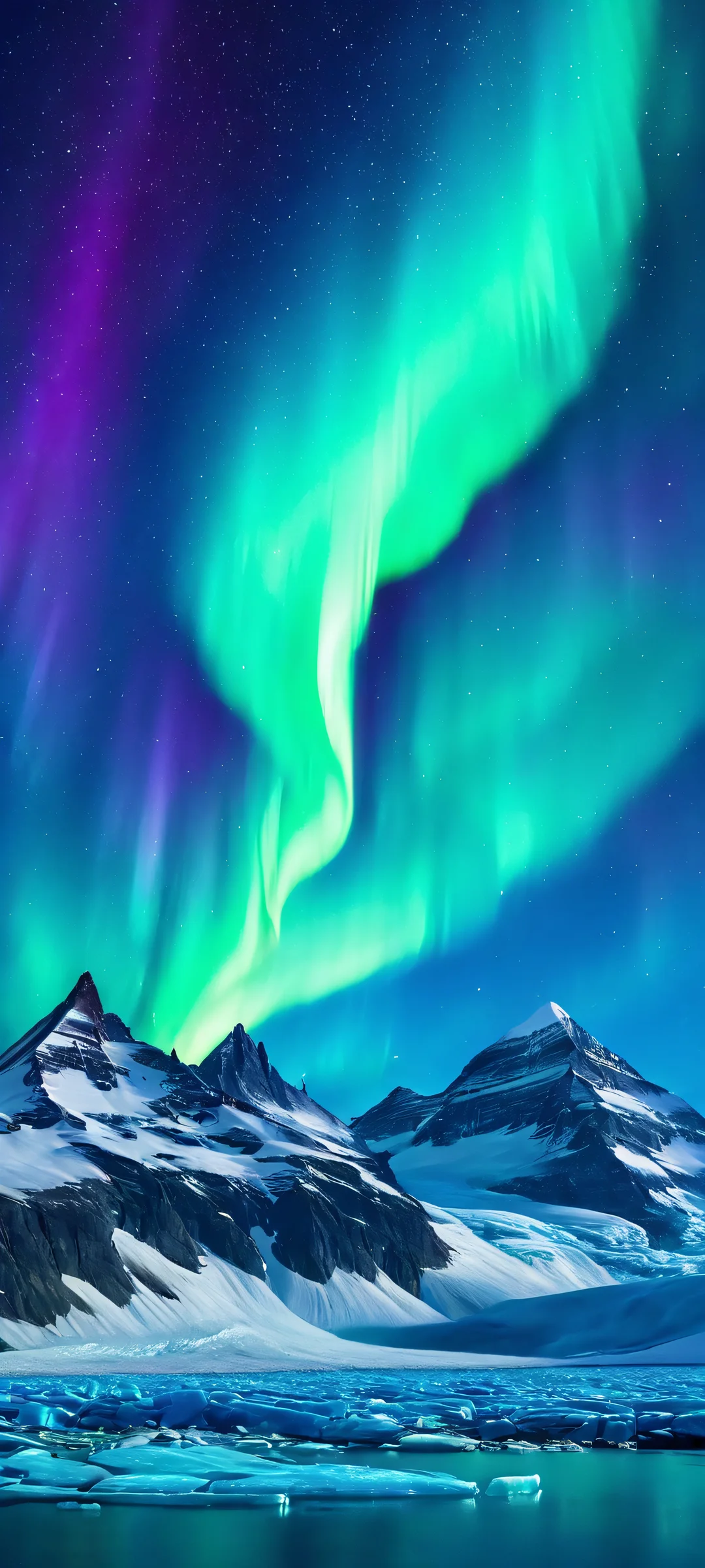 iPhone and Android wallpaper featuring a breathtaking vertical view of the night sky with vibrant purple and blue hues, resembling a mystical glacier.