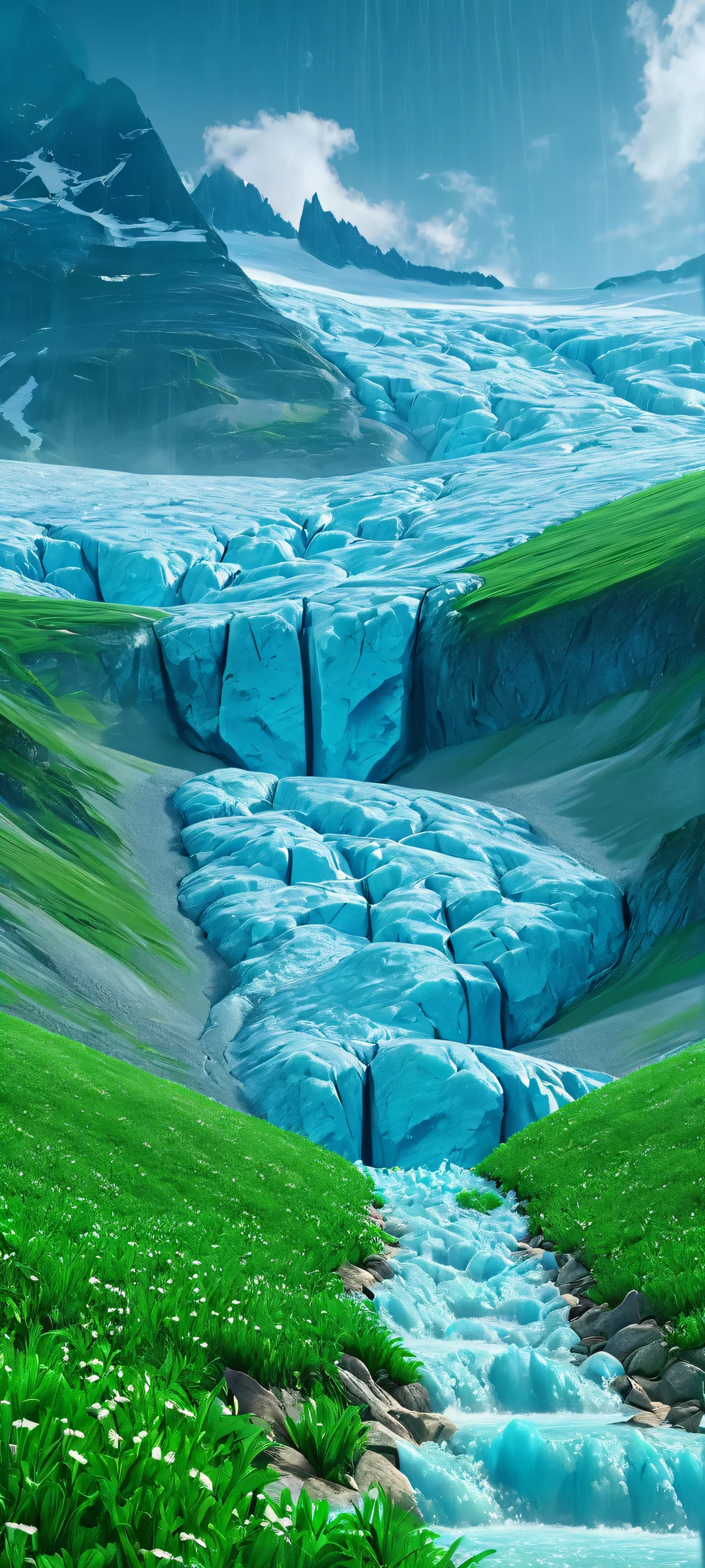A serene glacier landscape on an iPhone or Android phone, with misty rain and a vast green prairie in the background.