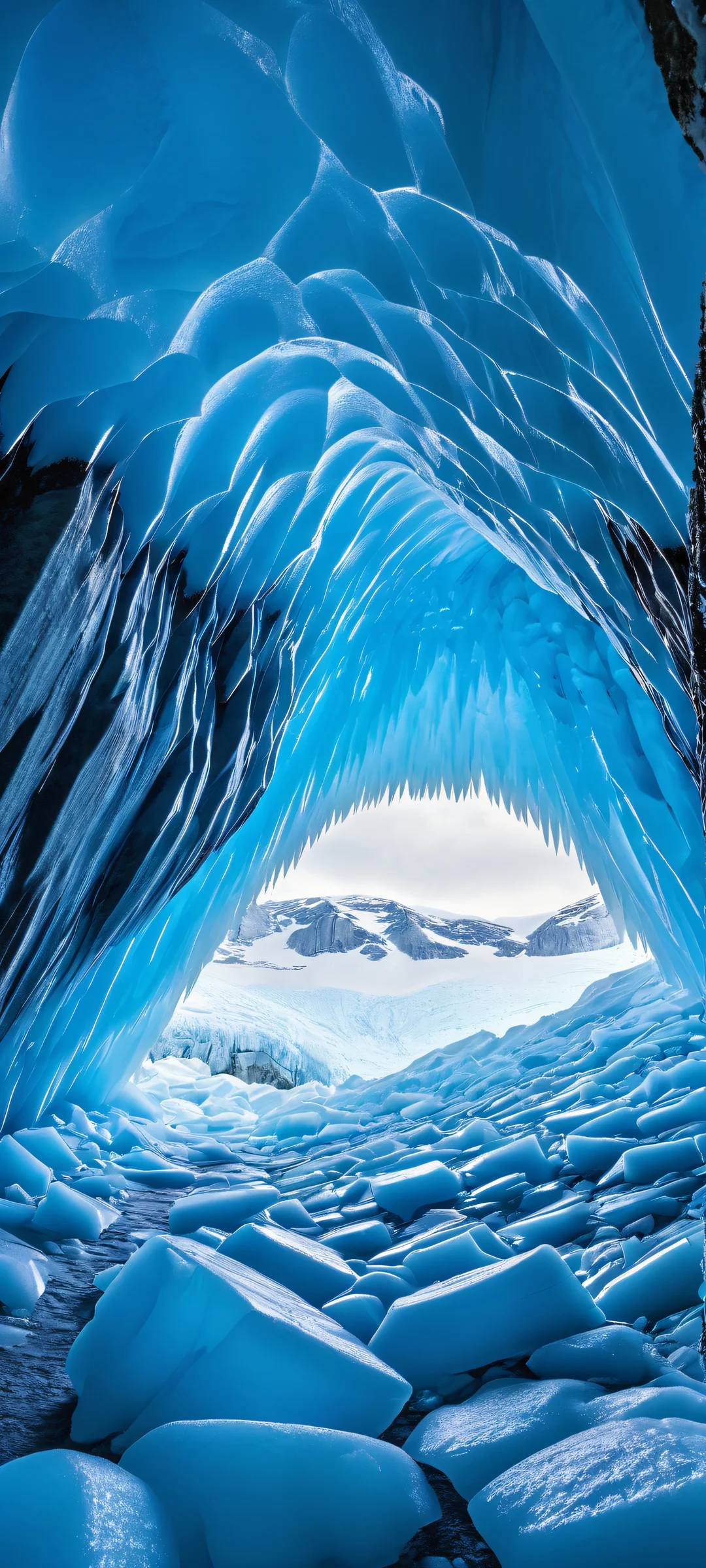 Icy cave interior with a mesmerizing blue glow on an iPhone/Android mobile phone screen.