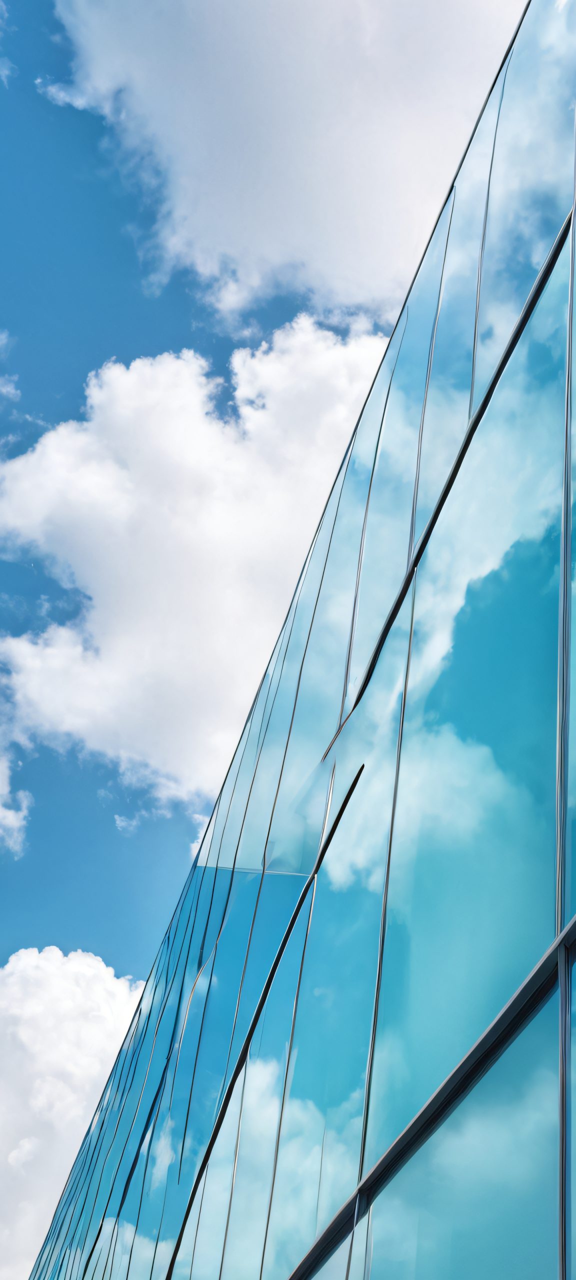 Breathtaking glass facade minimalist design with cloudy sky and soft reflections, perfect for iPhone and Android home screens