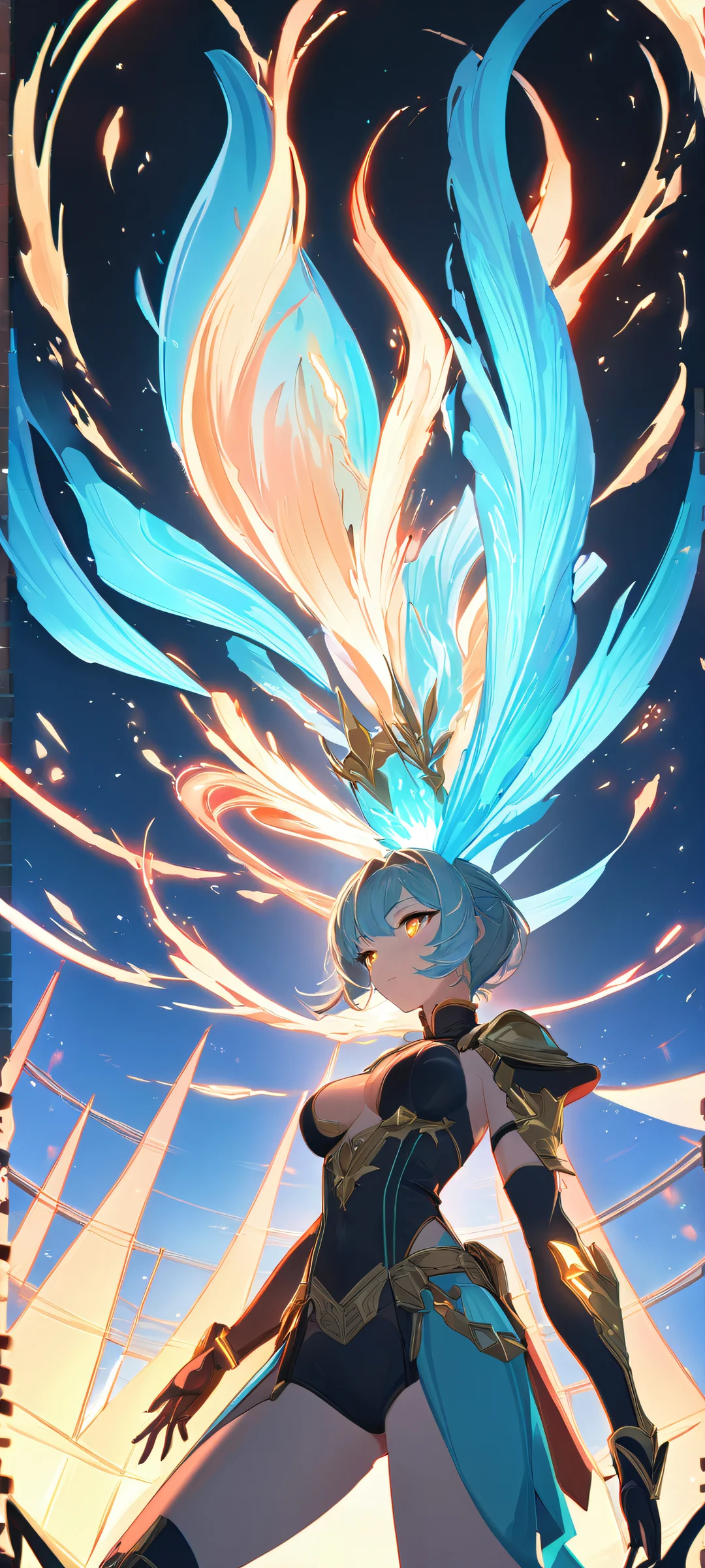 Glowing Angelic Radiance QHD Phone Background Iphone/Android mobile wallpaper featuring a breathtaking vertical scene of 1 girl with a soft, glowing amber and aqua glow in a dark low-light setting.