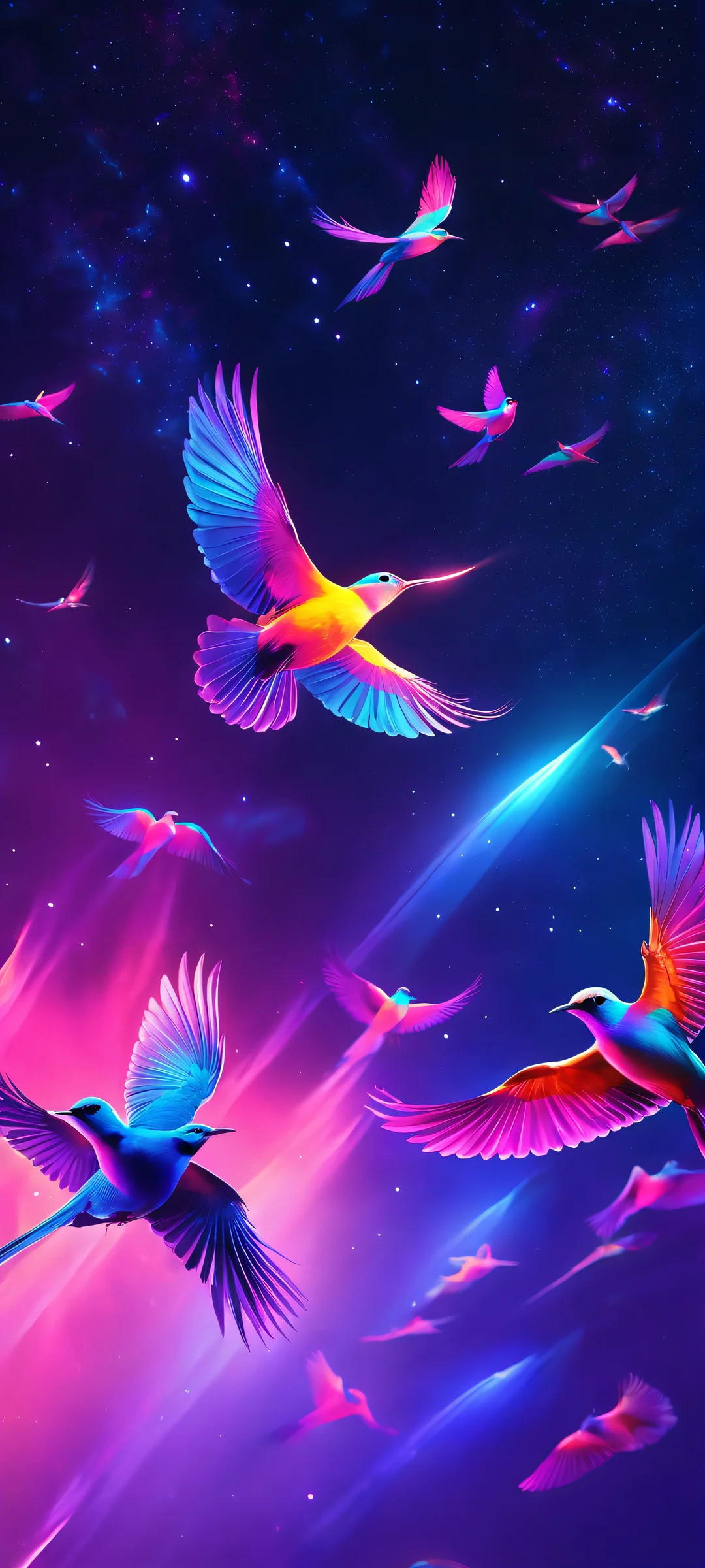 A stunning vertical wallpaper featuring glowing birds against a dark sky, perfect for iPhone and Android devices.