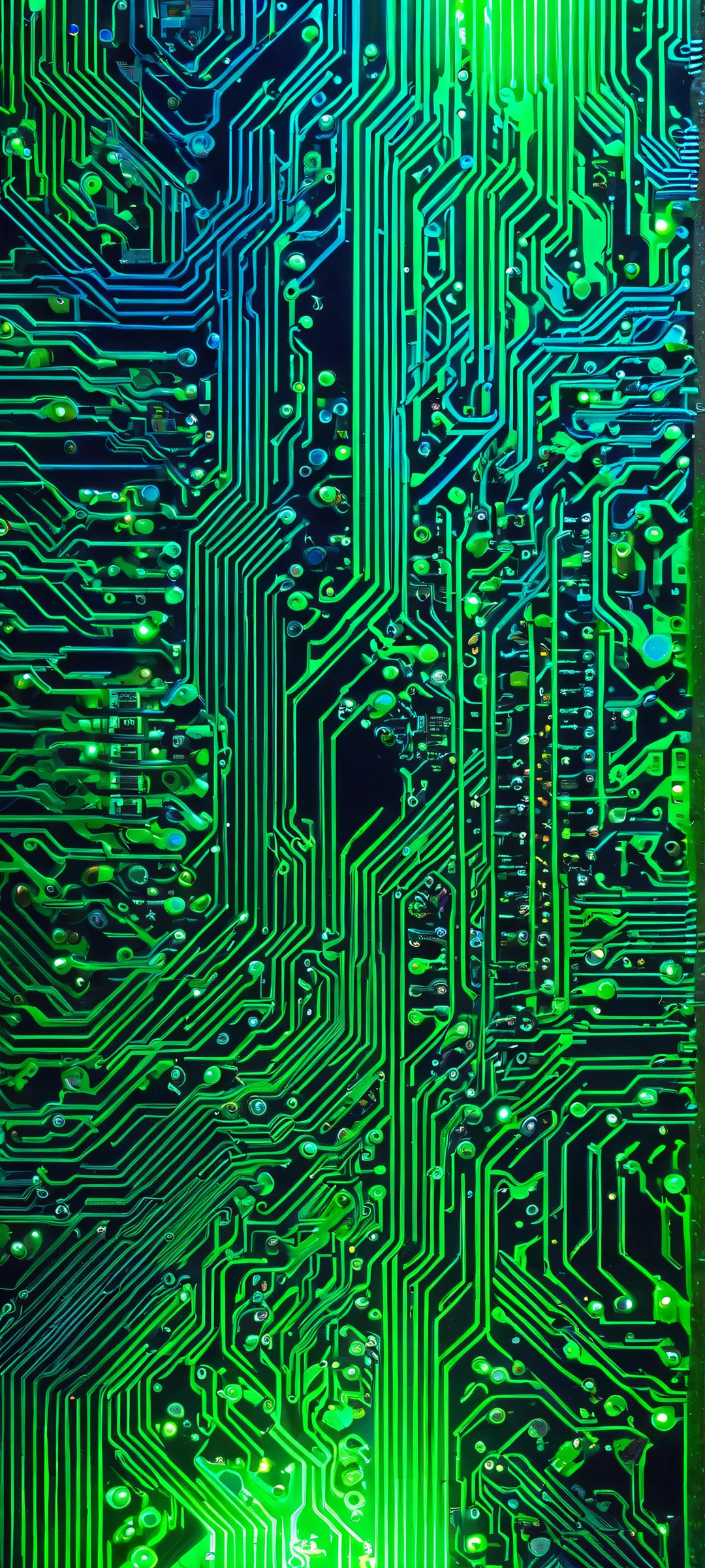 iPhone/Android wallpaper featuring neon green and electric blue glowing circuit board, perfect for your mobile home screen.