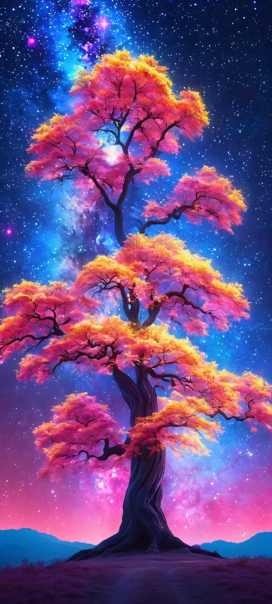 A surreal, glowing tree amidst a stunning nebula background, perfectly suited for your iPhone or Android home screen.