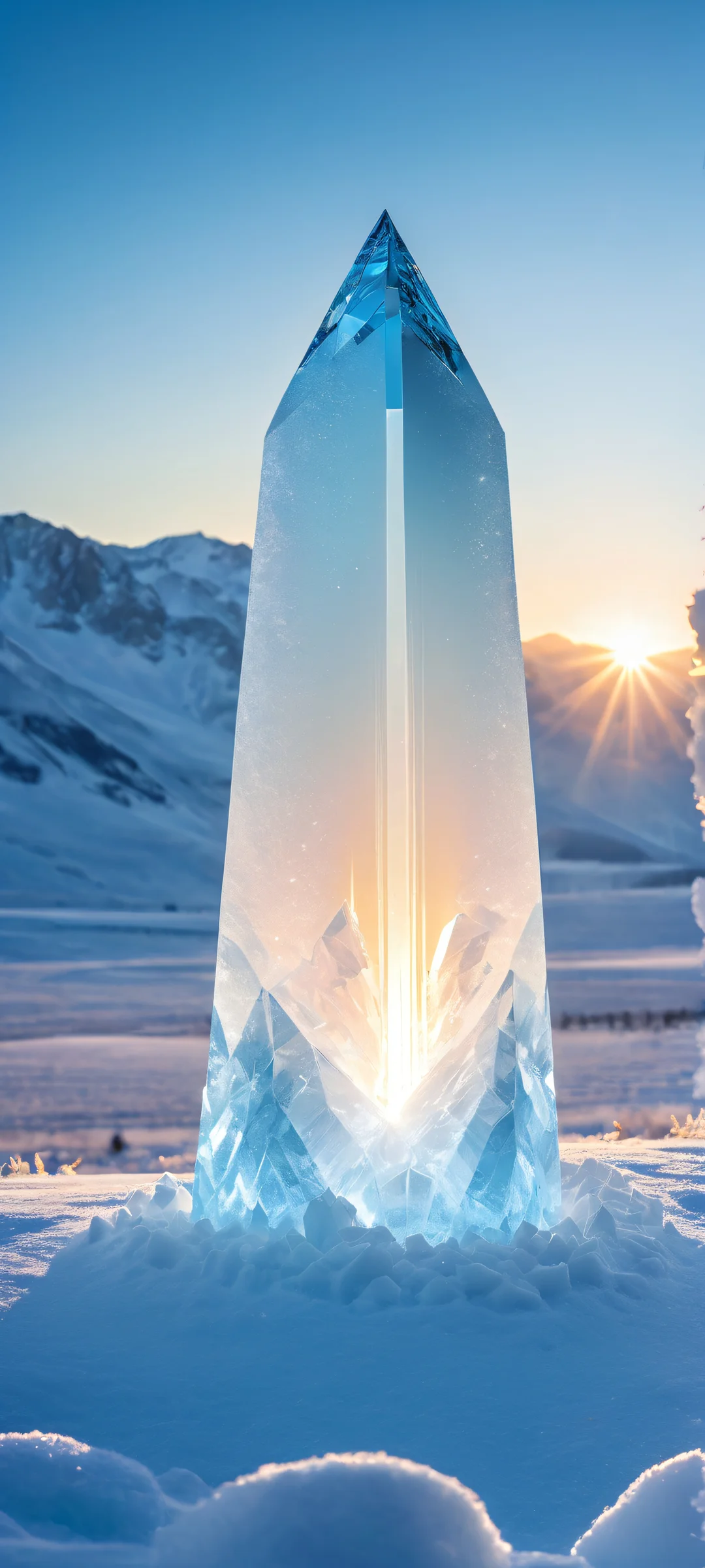 Ethereal landscape featuring a glowing crystal monolith against a snowy field. Perfect for iPhone and Android screens.