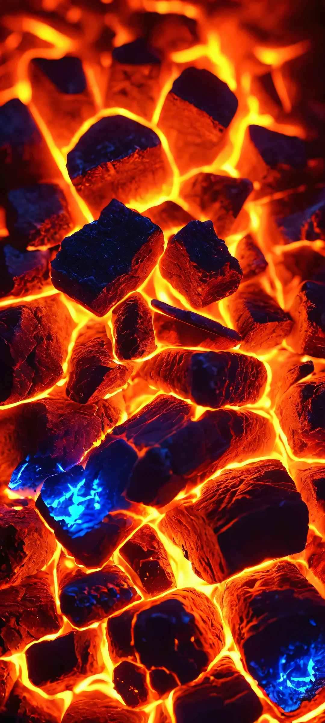 iPhone and Android compatible glowing embers fire macro wallpaper with neon-lit cave ambiance