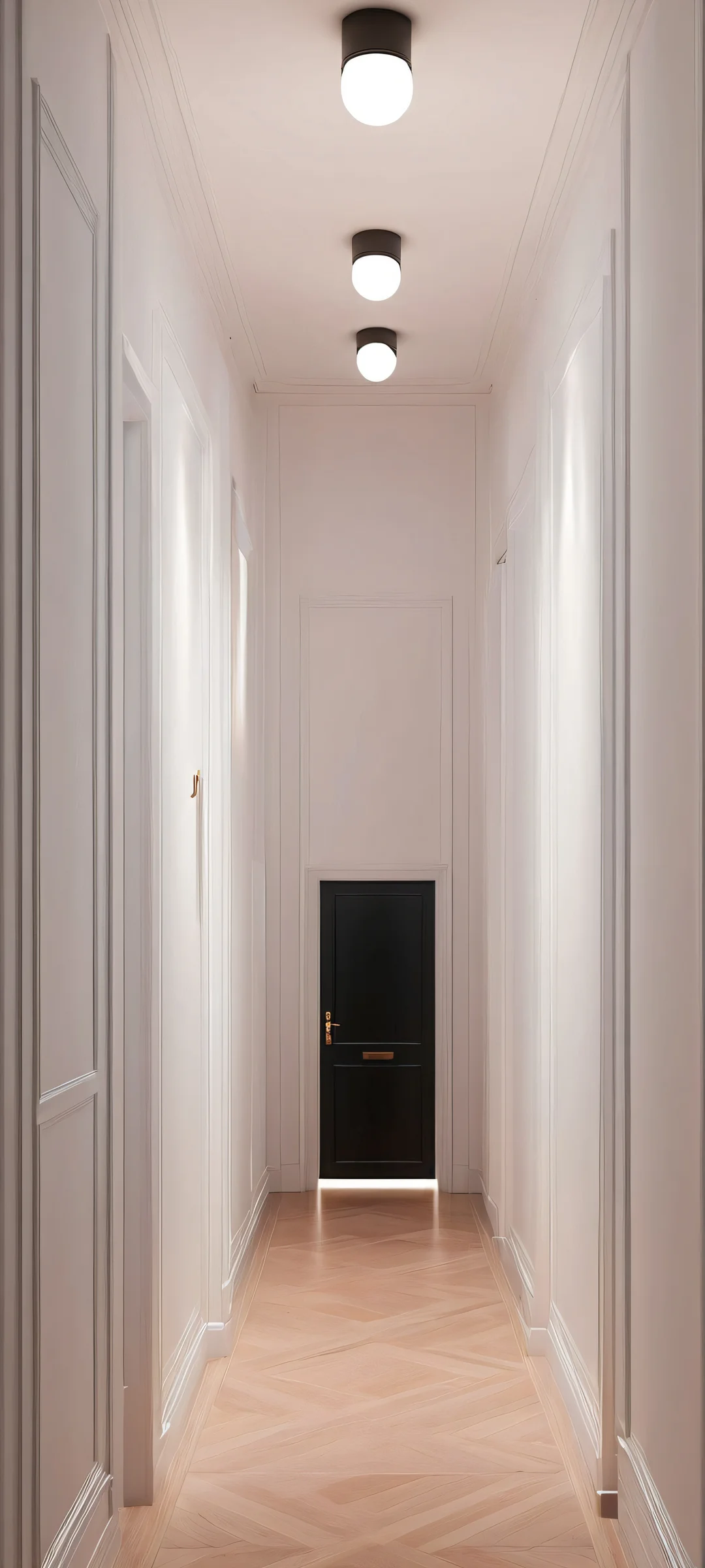 A serene mobile wallpaper featuring glowing eyes in a simple white and black hallway with the faint chime of a grandfather clock, perfect for iPhone or Android home screens.