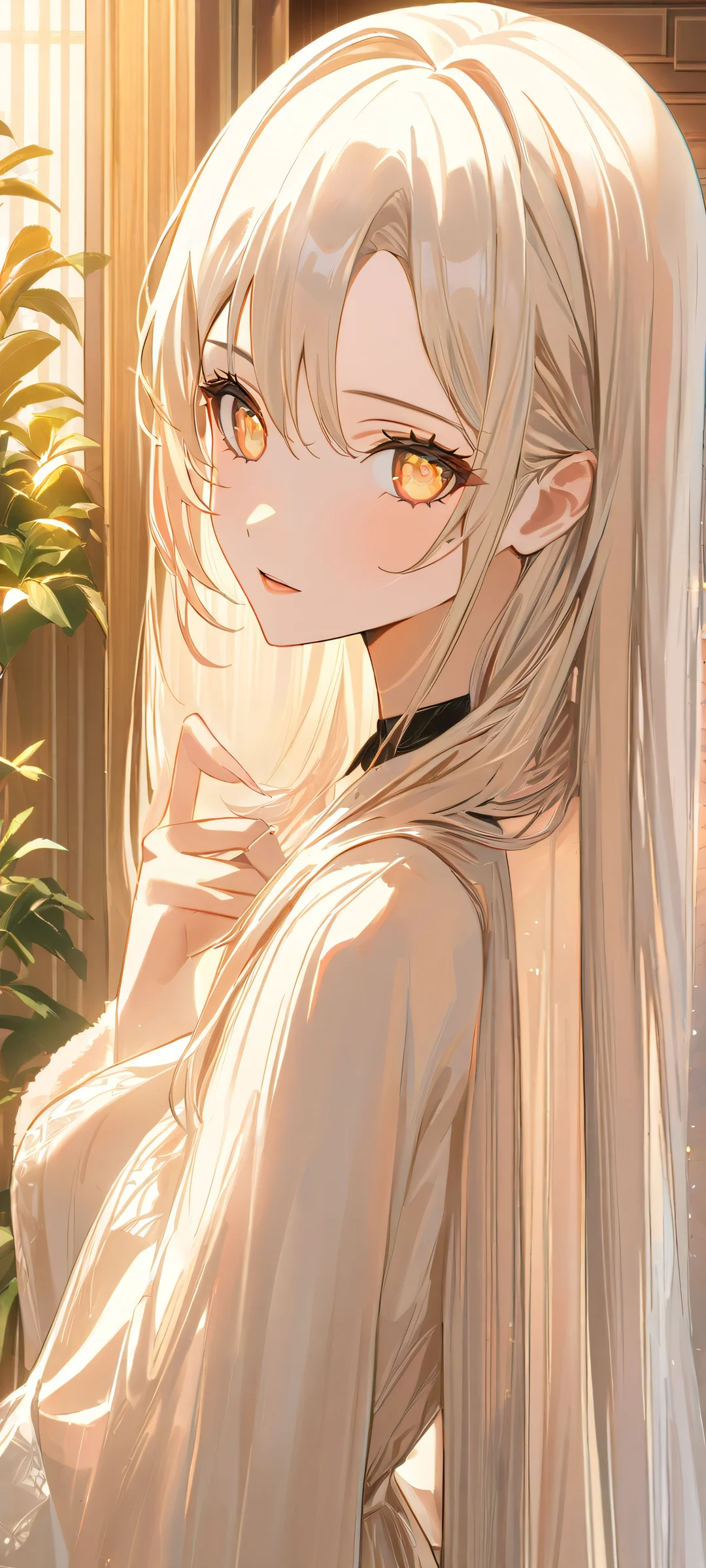 Indoor scene with a beautifully rendered anime girl featuring subtle lighting and intricate details. Parfait pour les écrans d'accueil iPhone ou Android.