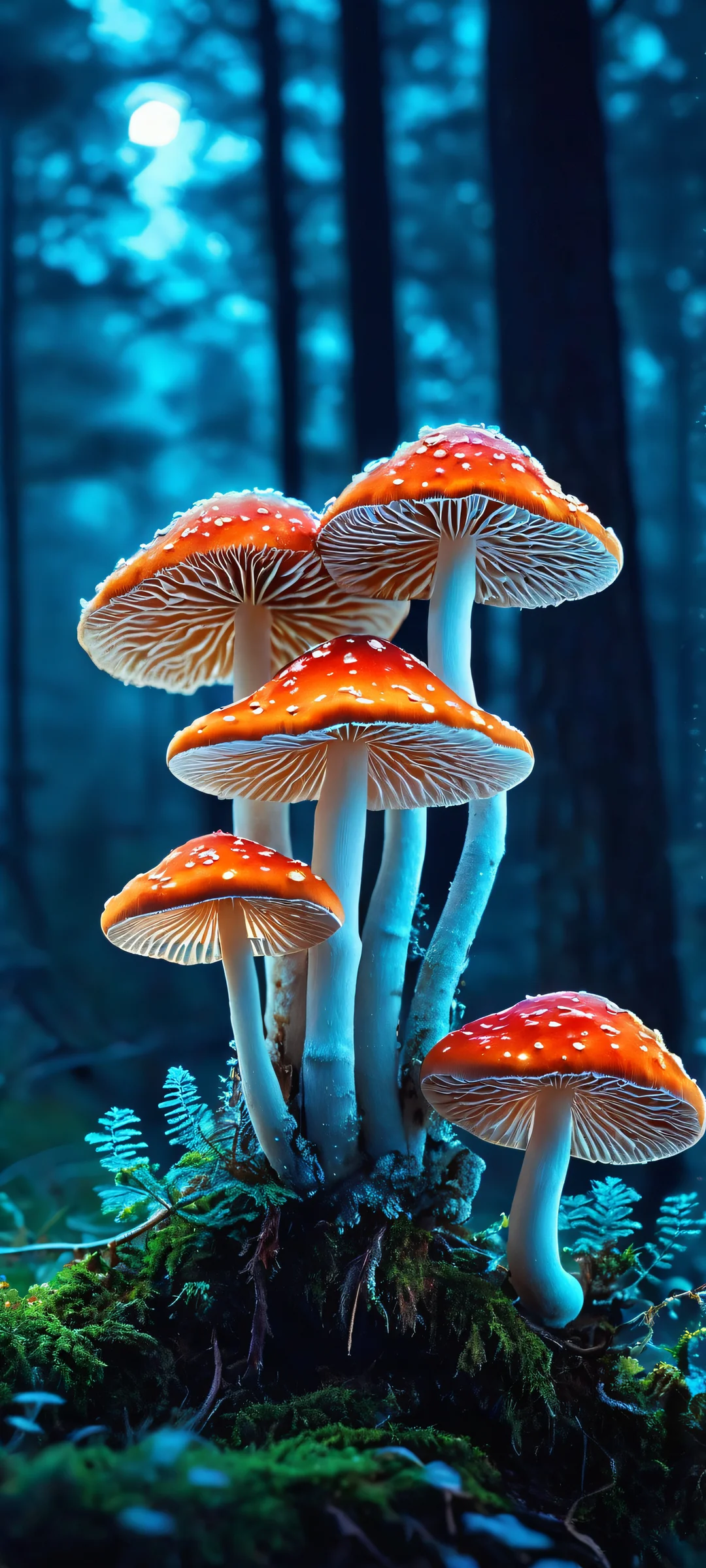 A stunning image of glowing mushrooms in a nighttime forest scene for iPhone and Android devices.