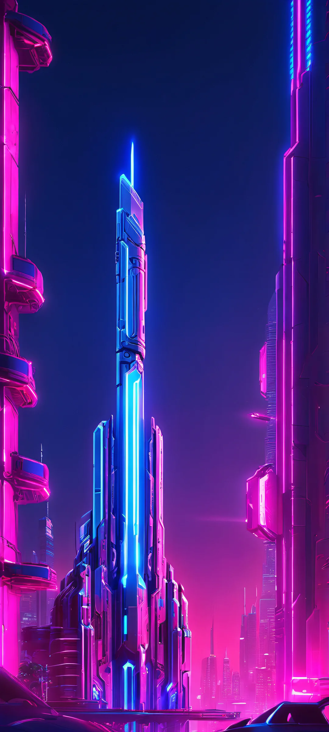 Stunning neon-lit cityscape featuring a glowing weapon, Perfectamente optimizado para pantallas de inicio de iPhone y Android..