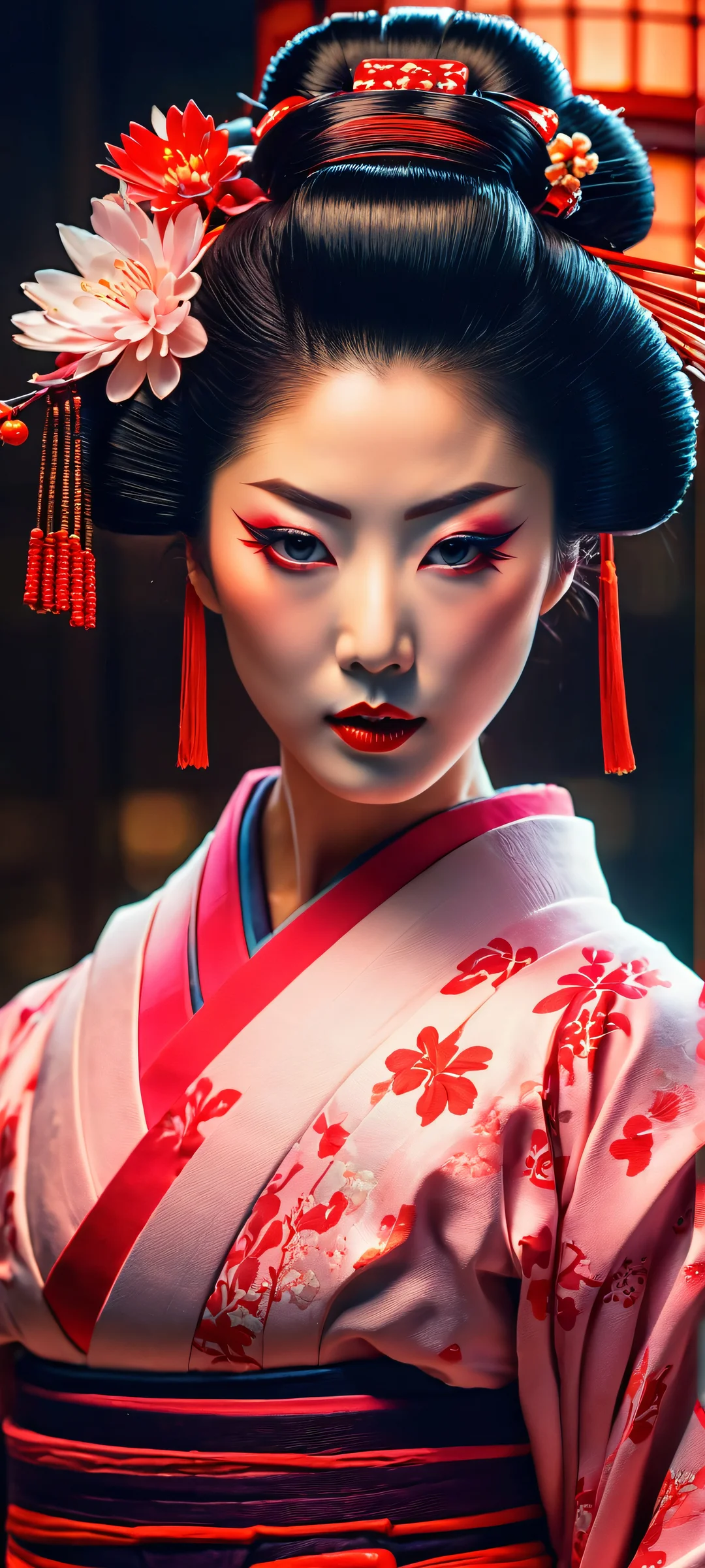 A stunning vertical mobile wallpaper of a geisha, radiating an otherworldly glow. Perfect for iPhone and Android home screens.