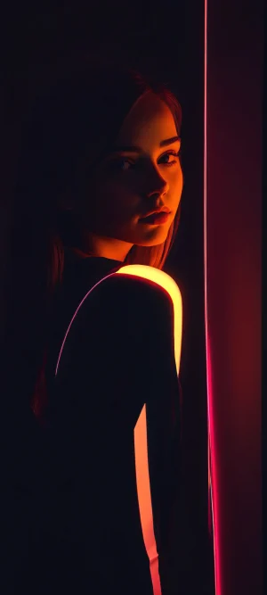 A stunning vertical mobile phone wallpaper featuring a girl surrounded by minimalistic geometry in a dark room that glows with neon and glow-in-the-dark elements, perfectly optimized for iPhone and Android home screens.