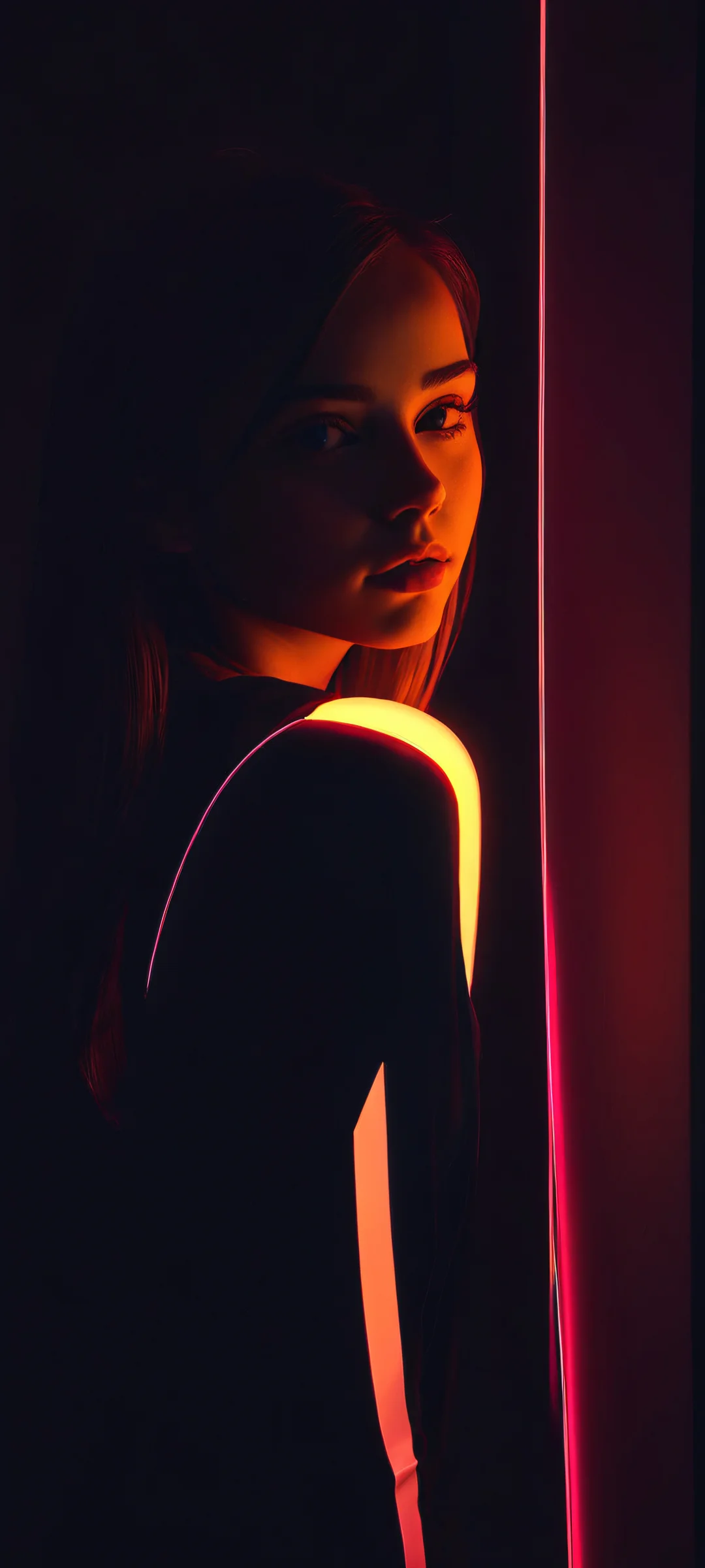 A stunning vertical mobile phone wallpaper featuring a girl surrounded by minimalistic geometry in a dark room that glows with neon and glow-in-the-dark elements, perfectly optimized for iPhone and Android home screens.