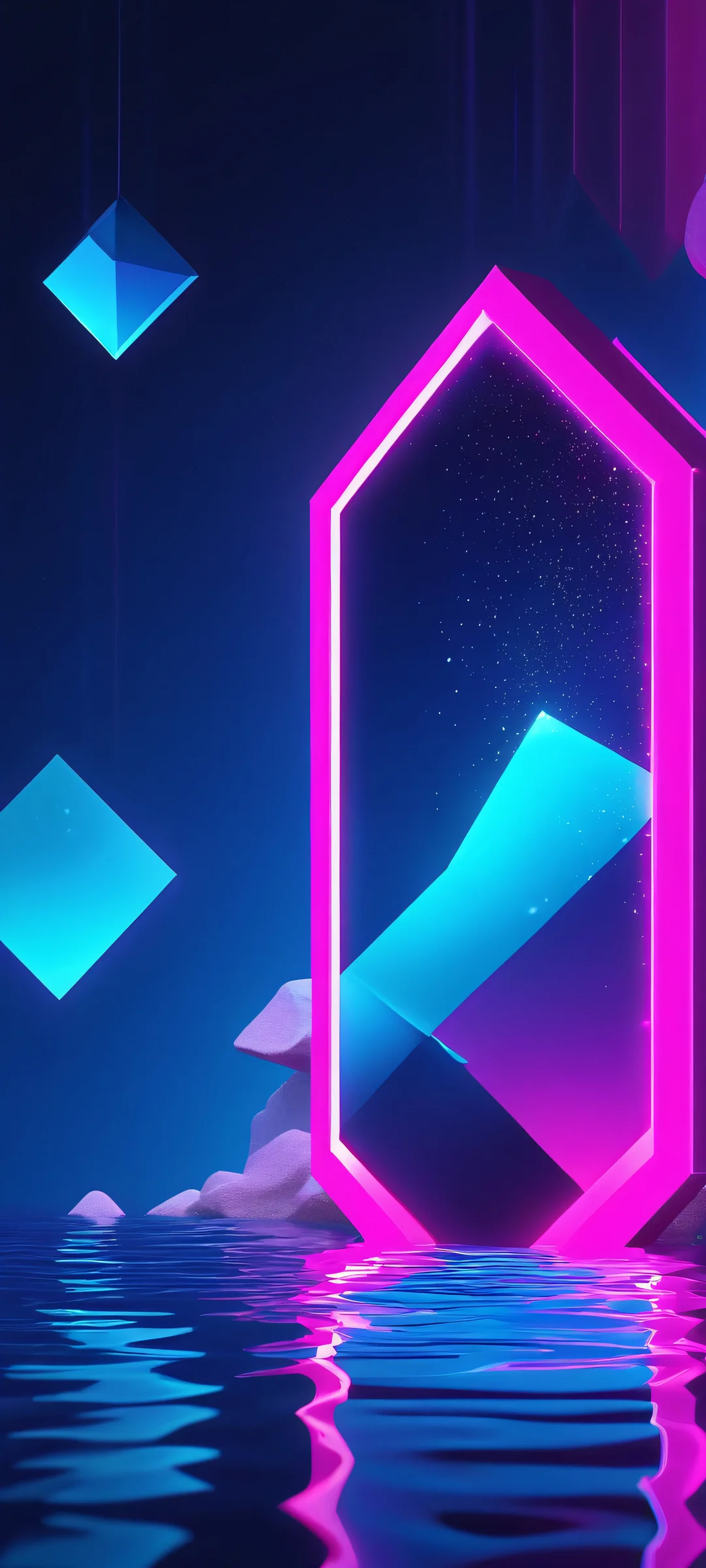 A mesmerizing underwater scene featuring glowing geometric shapes in hot pink, electric blue, and iridescent white, perfect for iPhone or Android home screens.