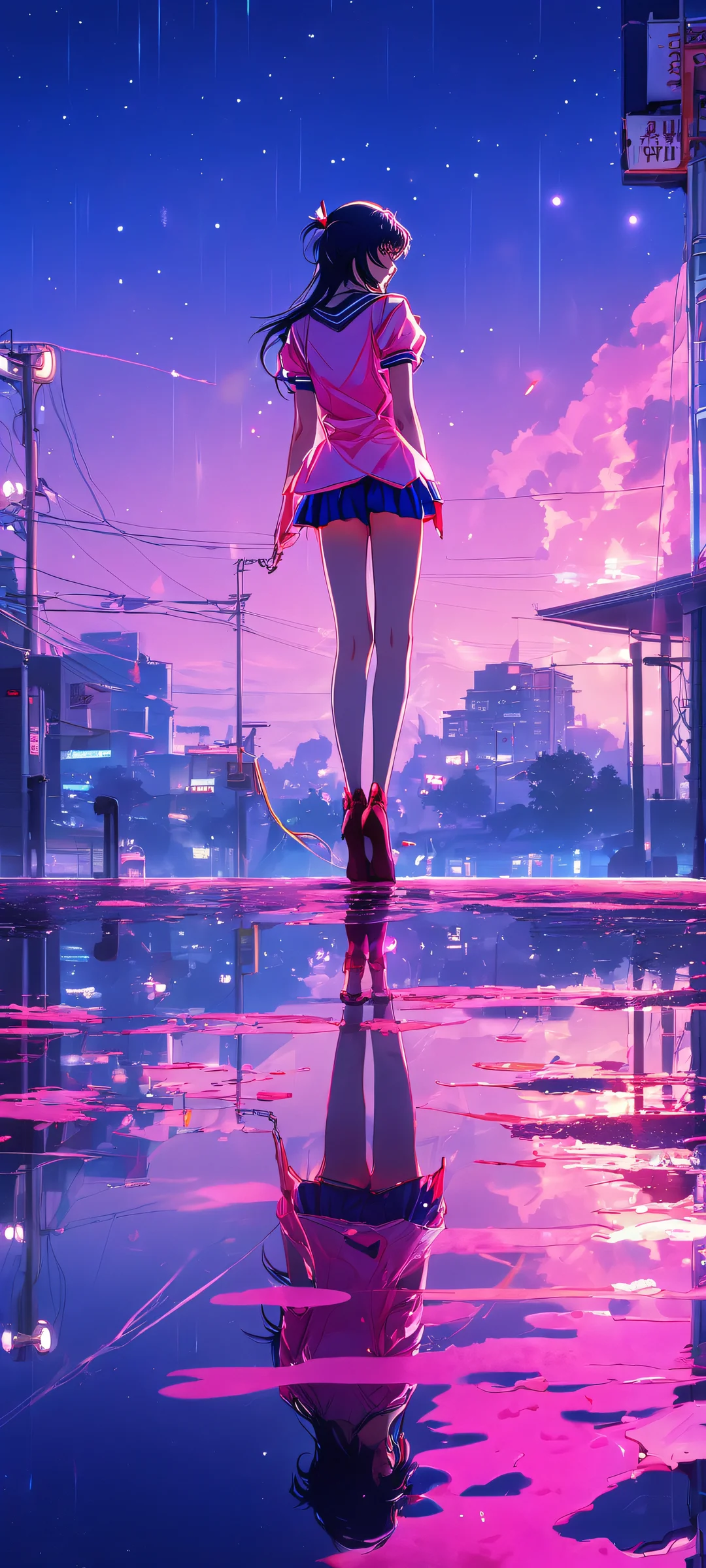 SailorVenus reflected in a puddle with a glowing neon pink and electric blue masterpiece, perfect for iPhone/Android home screens.