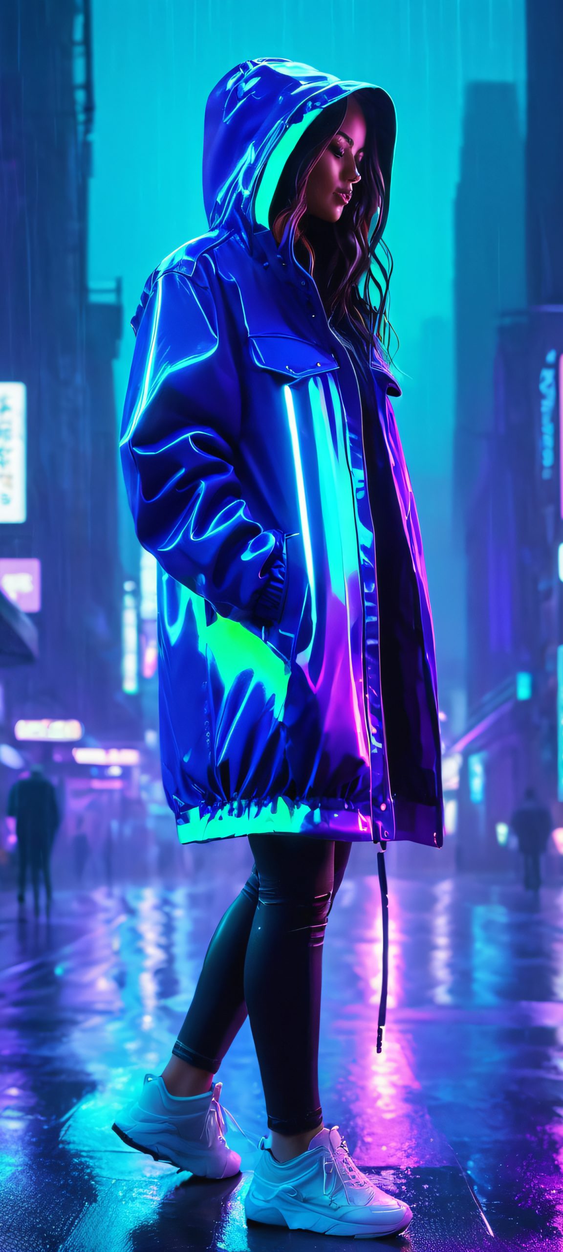 glowing jacket rainy city scape scaled