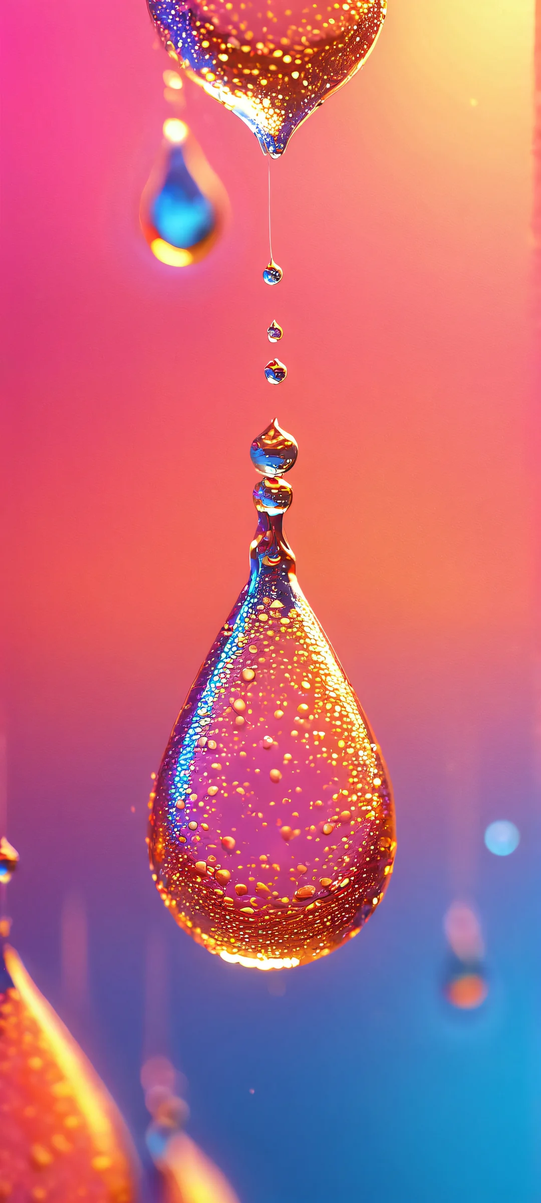 iPhone and Android phone background with glowing liquid drops in vibrant colors #FFC080 and #33CC33. Macro photography masterpiece for a stunning home screen.