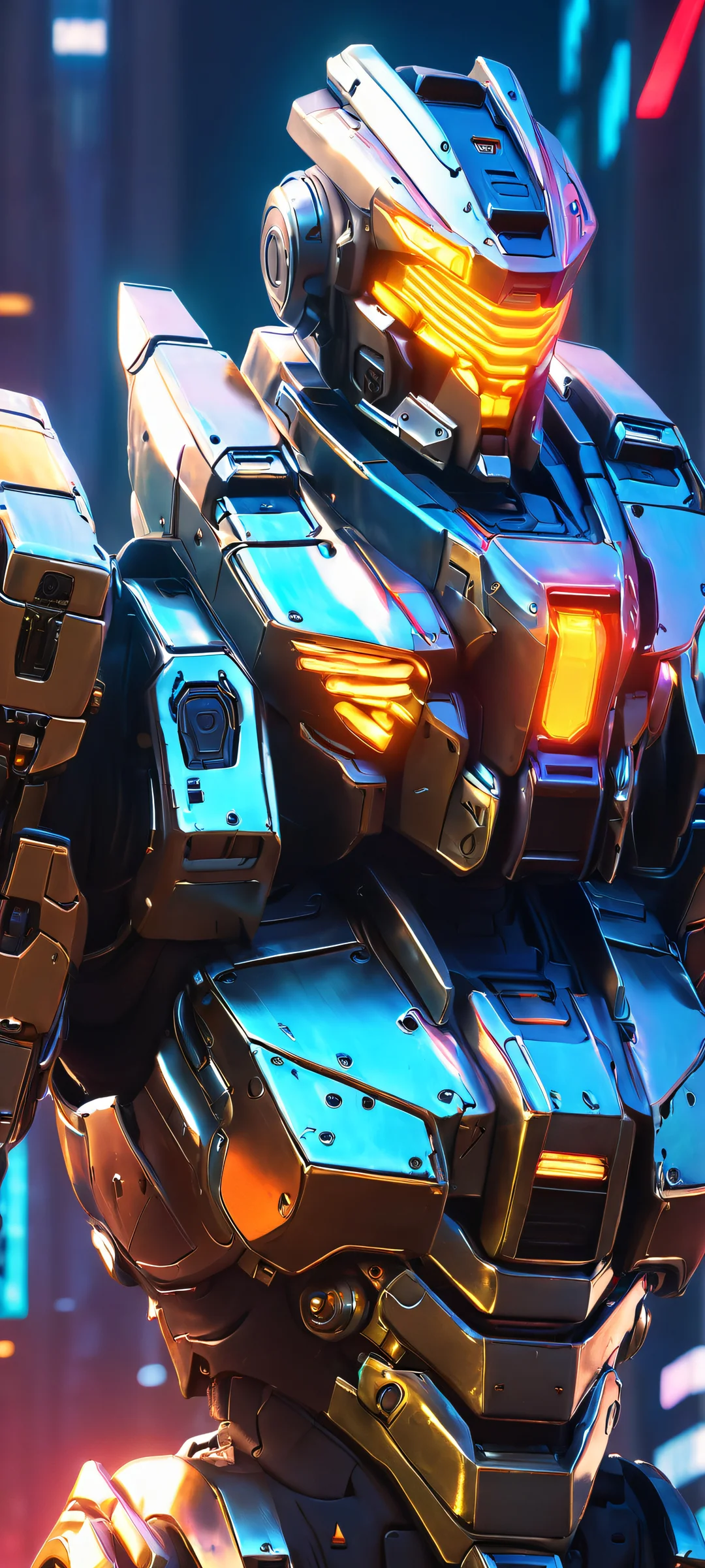 Vertical iPhone and Android wallpaper featuring a glowing mecha armor in metallic and neon colors.