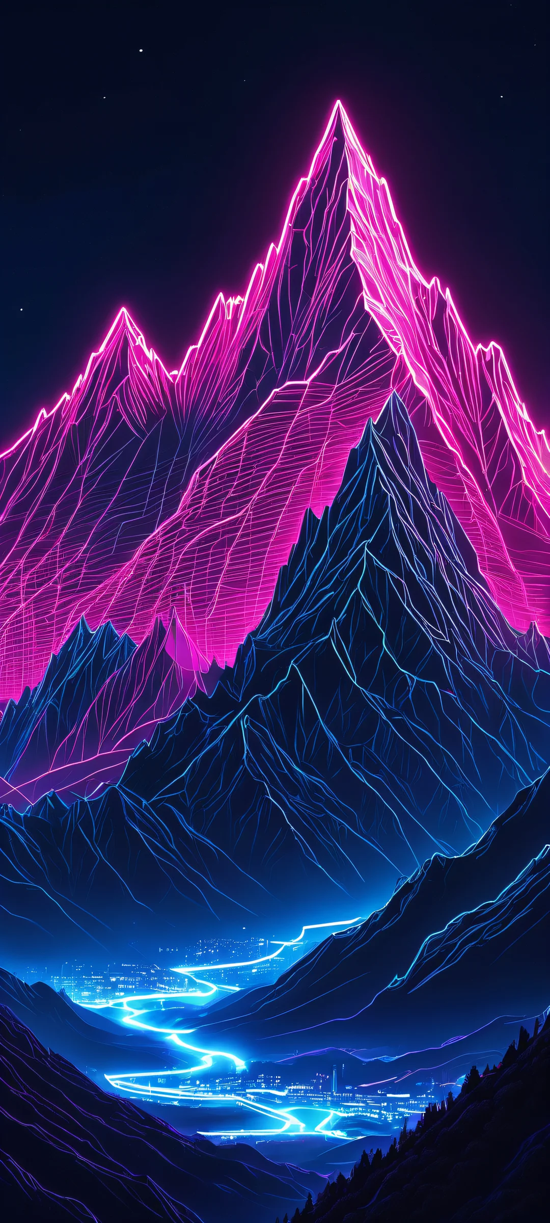 Glowing Mountainscape QHD Phone Background Beautiful vertical wallpaper of glowing wireframe mountains at night, perfectly optimized for iPhone and Android devices.