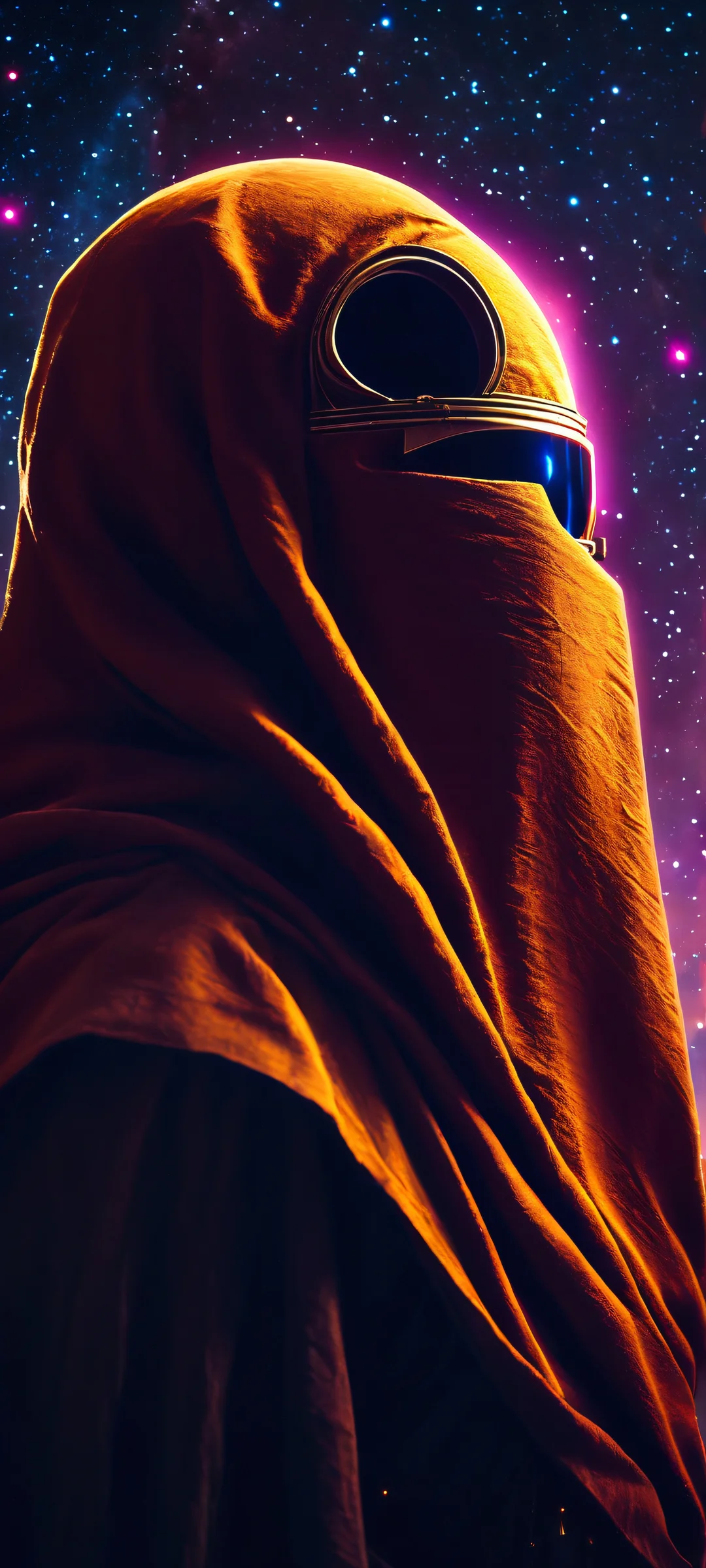 Stunning photorealistic image of Jawas amidst a glowing nebula, perfect for iPhone and Android mobile screens.