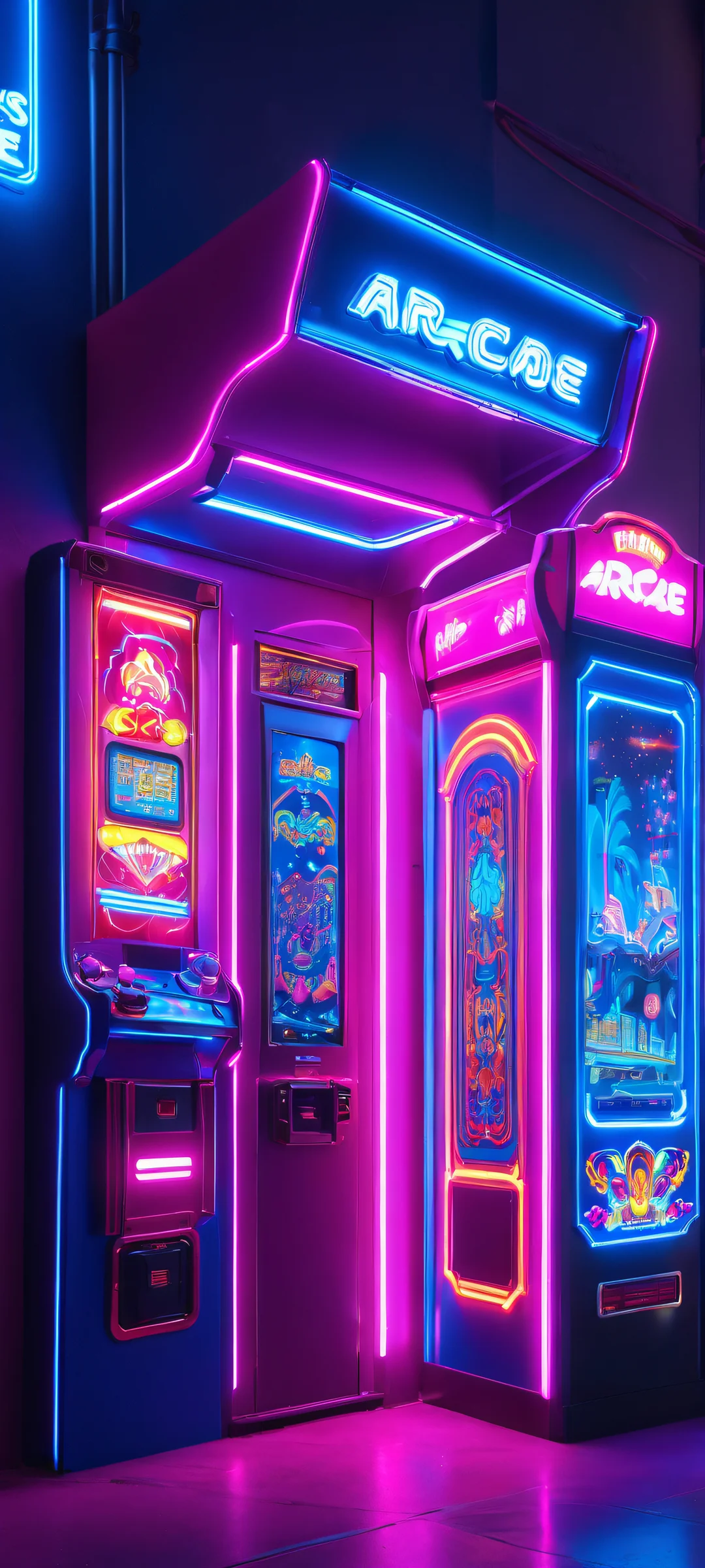 Stunning iPhone/Android wallpaper of a glowing arcade exterior at night. Perfect for your mobile home screen.