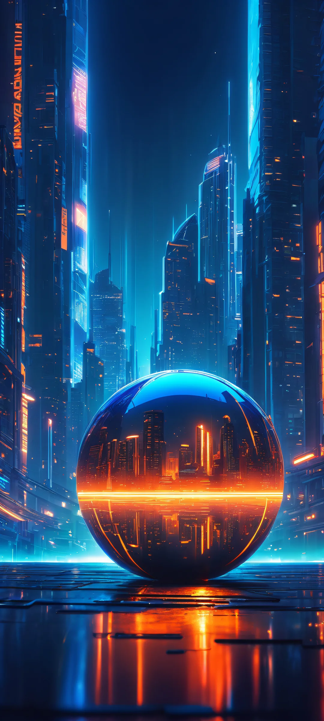 A stunning mobile wallpaper featuring a glowing orb hovering above a neon-lit cyberpunk cityscape, perfect for iPhone and Android devices.