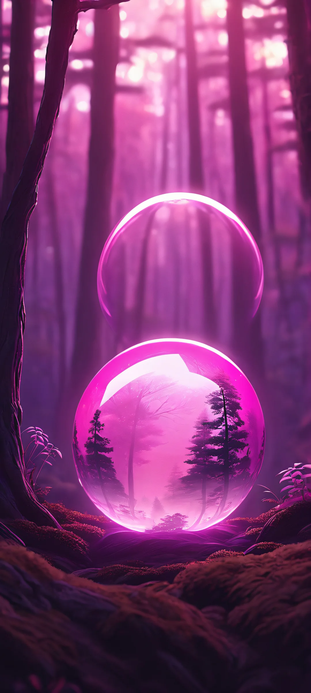 A serene digital painting of a glowing orb set against a dark forest, perfect for iPhone/Android home screens.