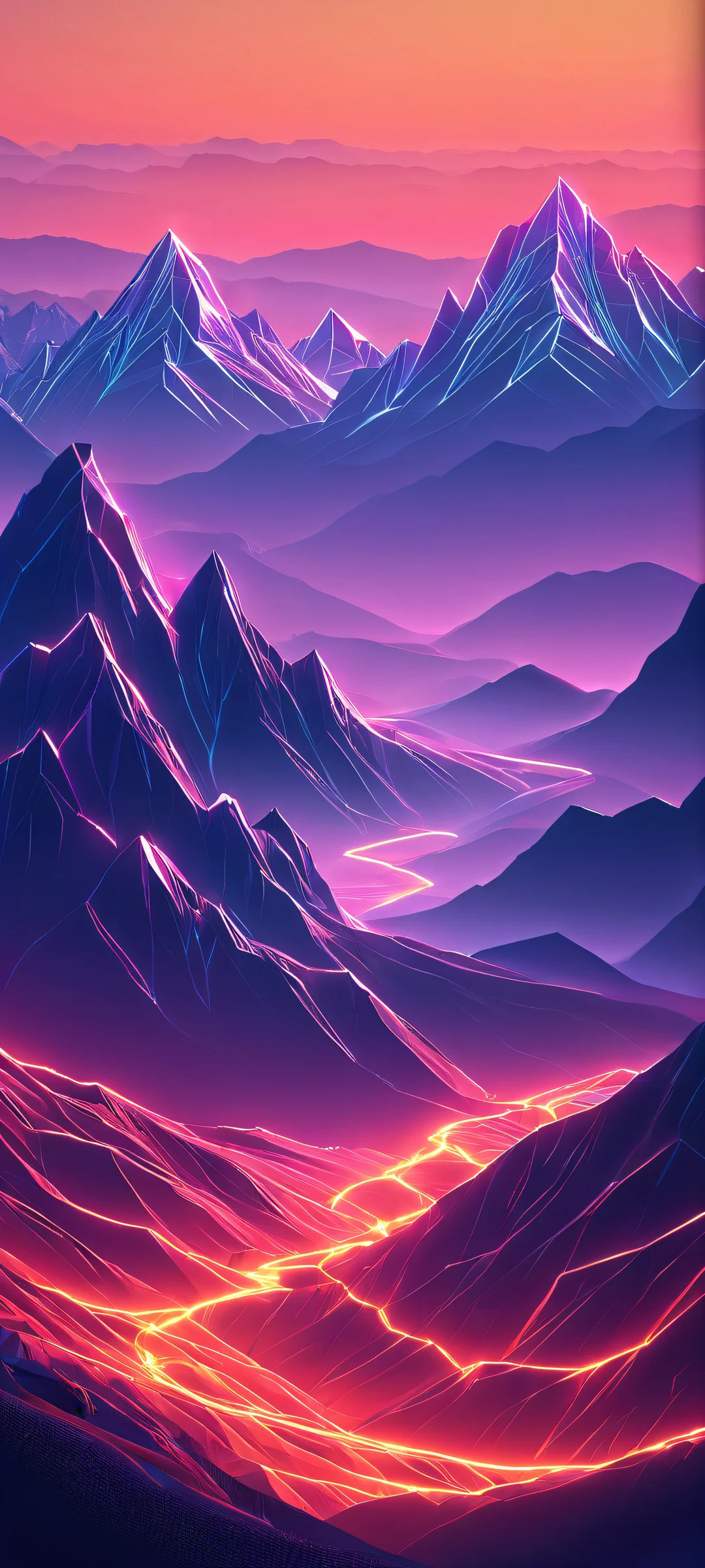 Glowing Peaks iPhone & Samsung QHD Wallpaper Wireframe mountains glow with a soft blue light on an iPhone/Android home screen.