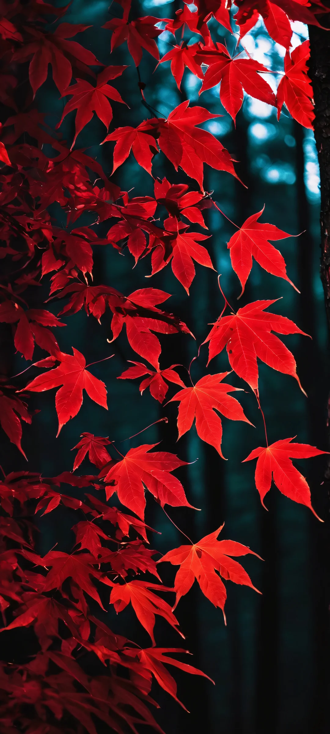Glowing red leaves illuminated in a dark forest on an iPhone or Android device. Cinematic, volumetric lighting captures the beauty of nature.