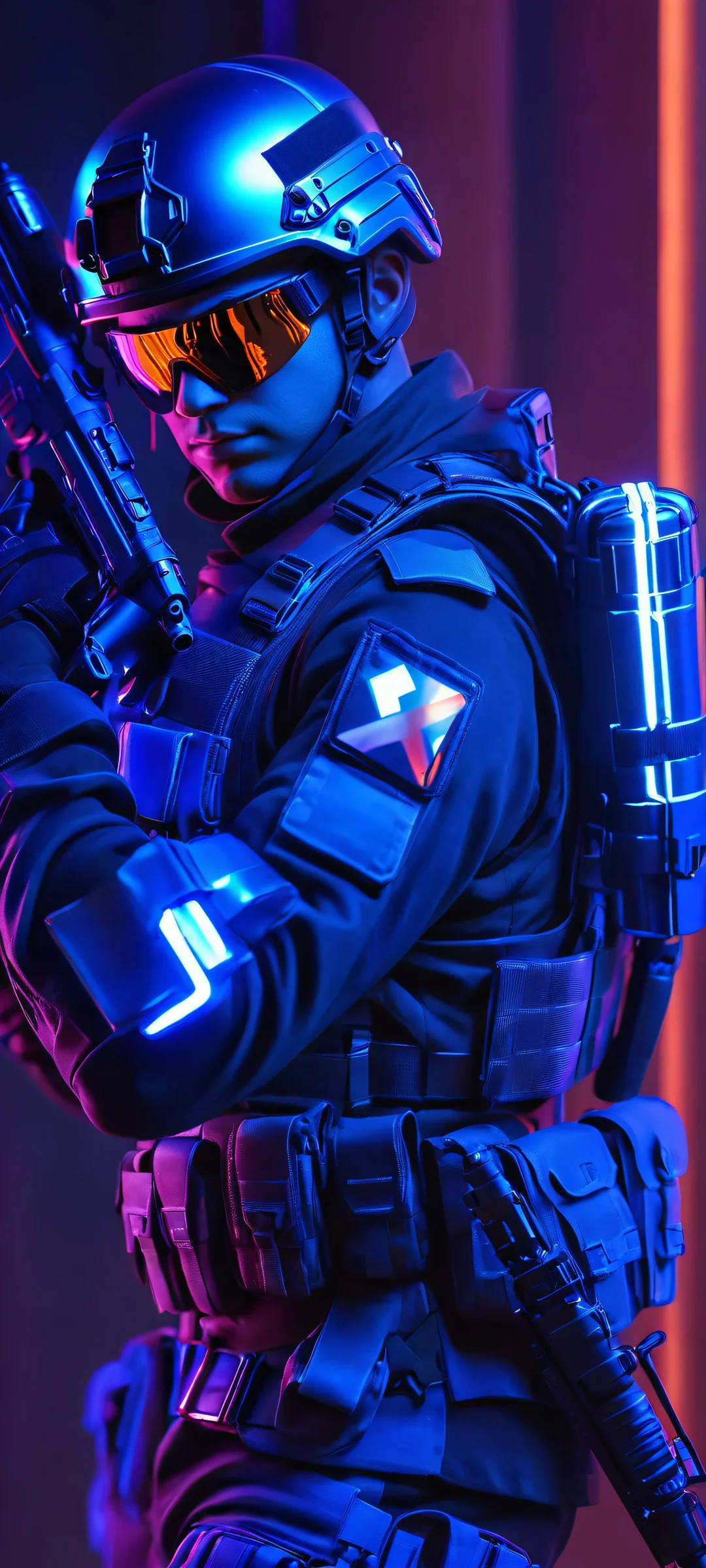 A stunning image of a soldier posing with tactical gear and glowing neon effects on an iPhone/Android device.