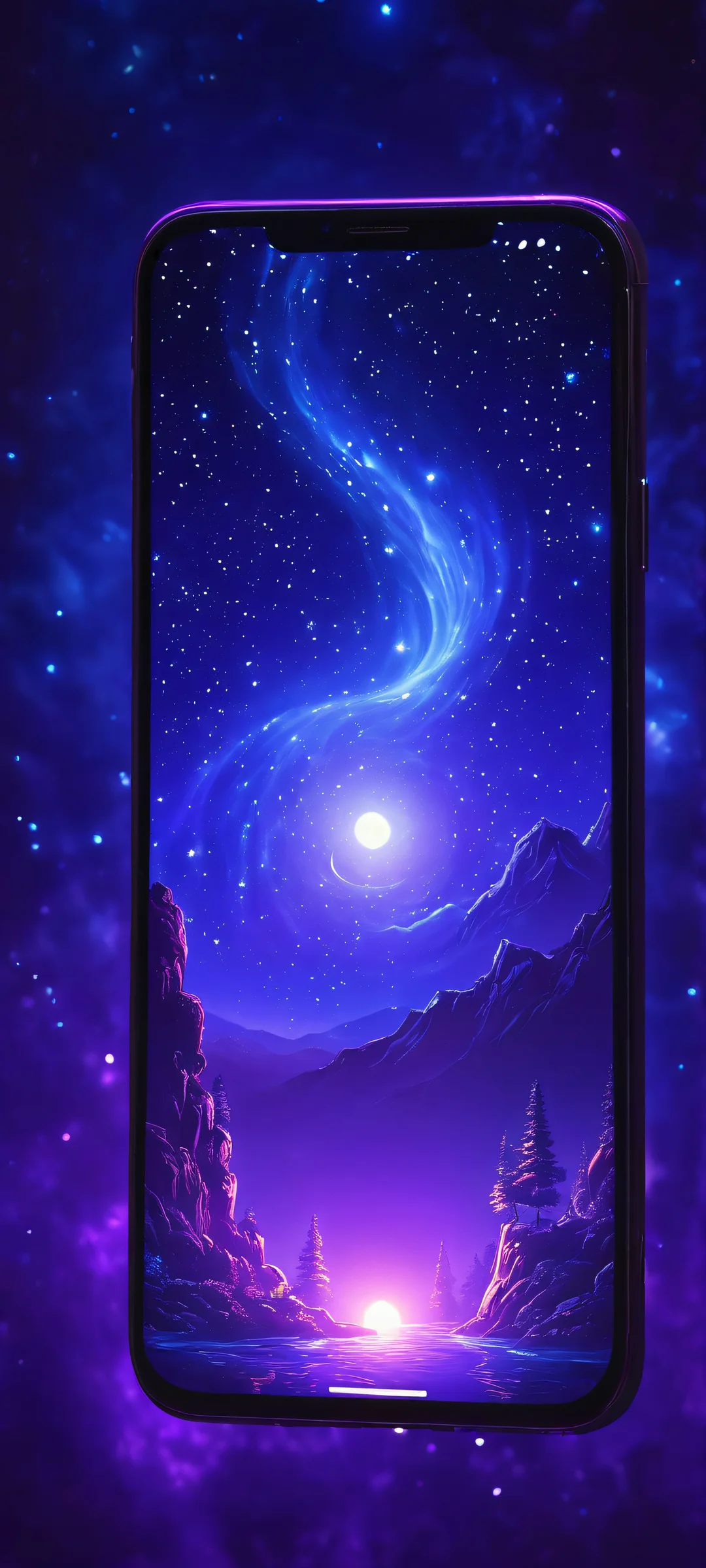 Glowing Spirit of the Mystic Night QHD Phone Background Enchanting scene of a glowing spirit set against a dark blue-purple night sky, perfect for iPhone/Android home screens.