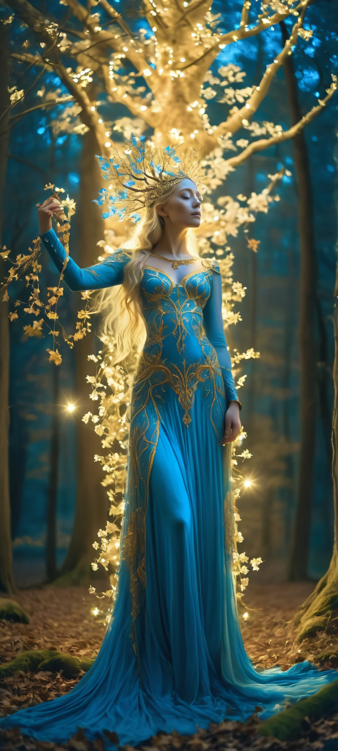 Enchanted forest at night featuring a glowing tree goddess - suitable for iPhone and Android devices.