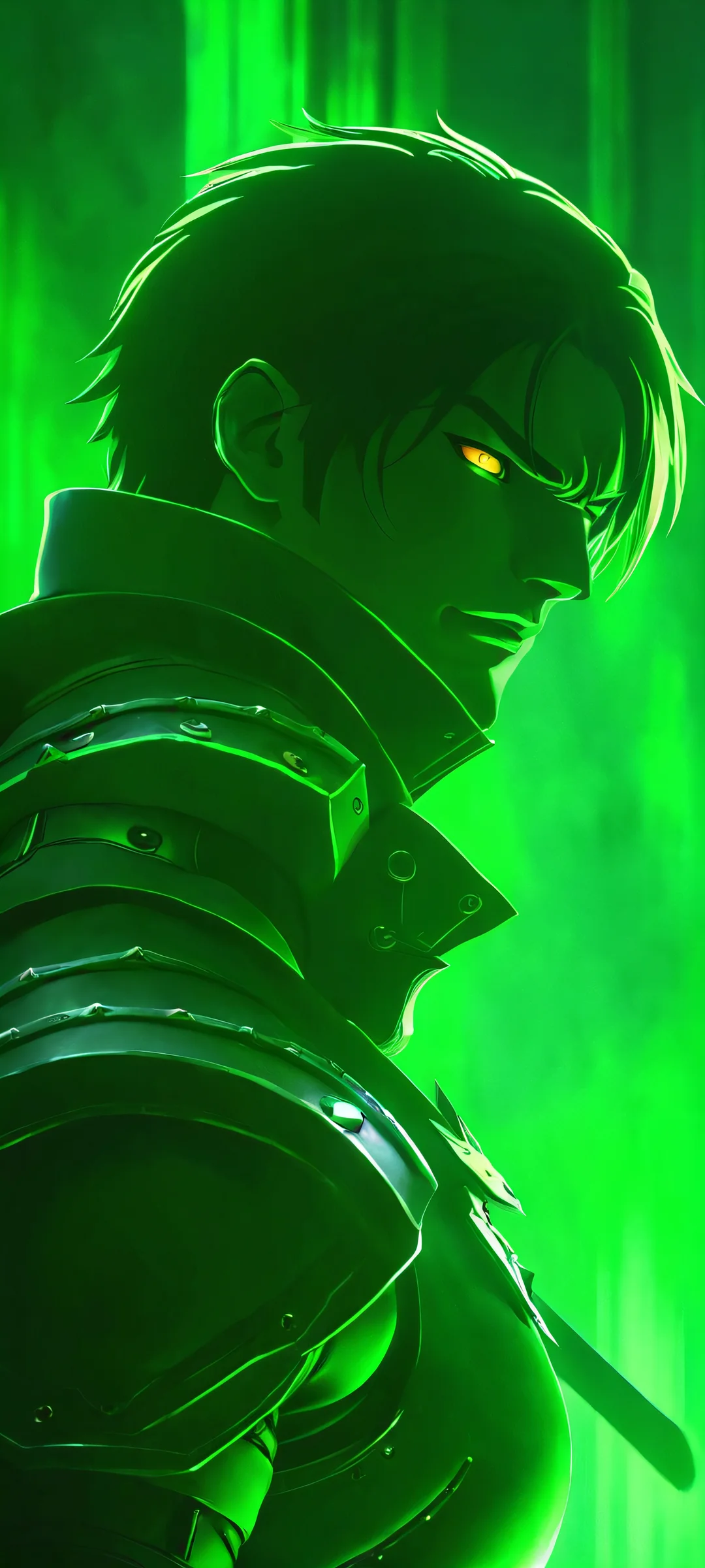 An anime-inspired warrior stands tall in a dark, glowing green environment, perfectly optimized for iPhone and Android home screens.