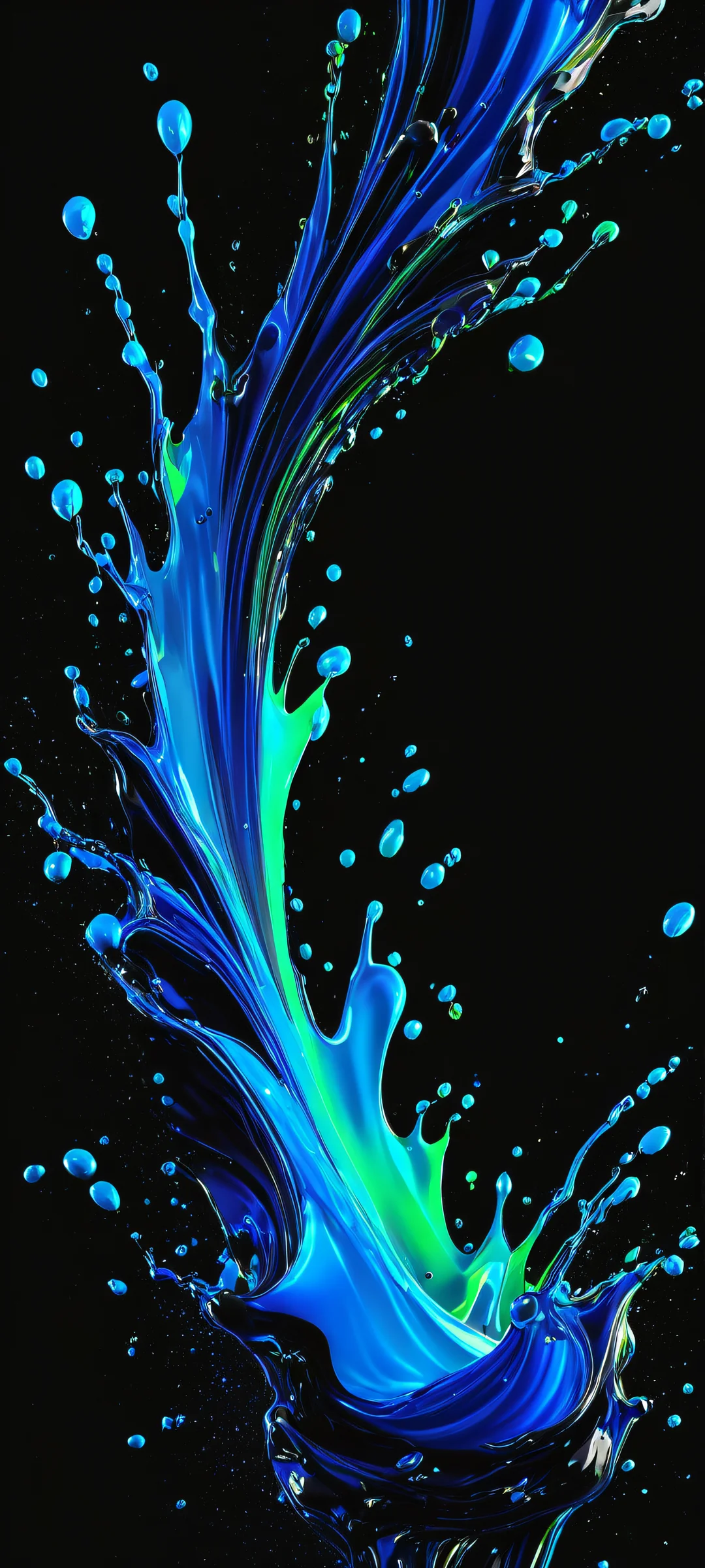 Breathtaking vertical mobile wallpaper featuring liquid splashes in dark pure black with glowing bright neon, perfectly optimized for iPhone/Android home screens.