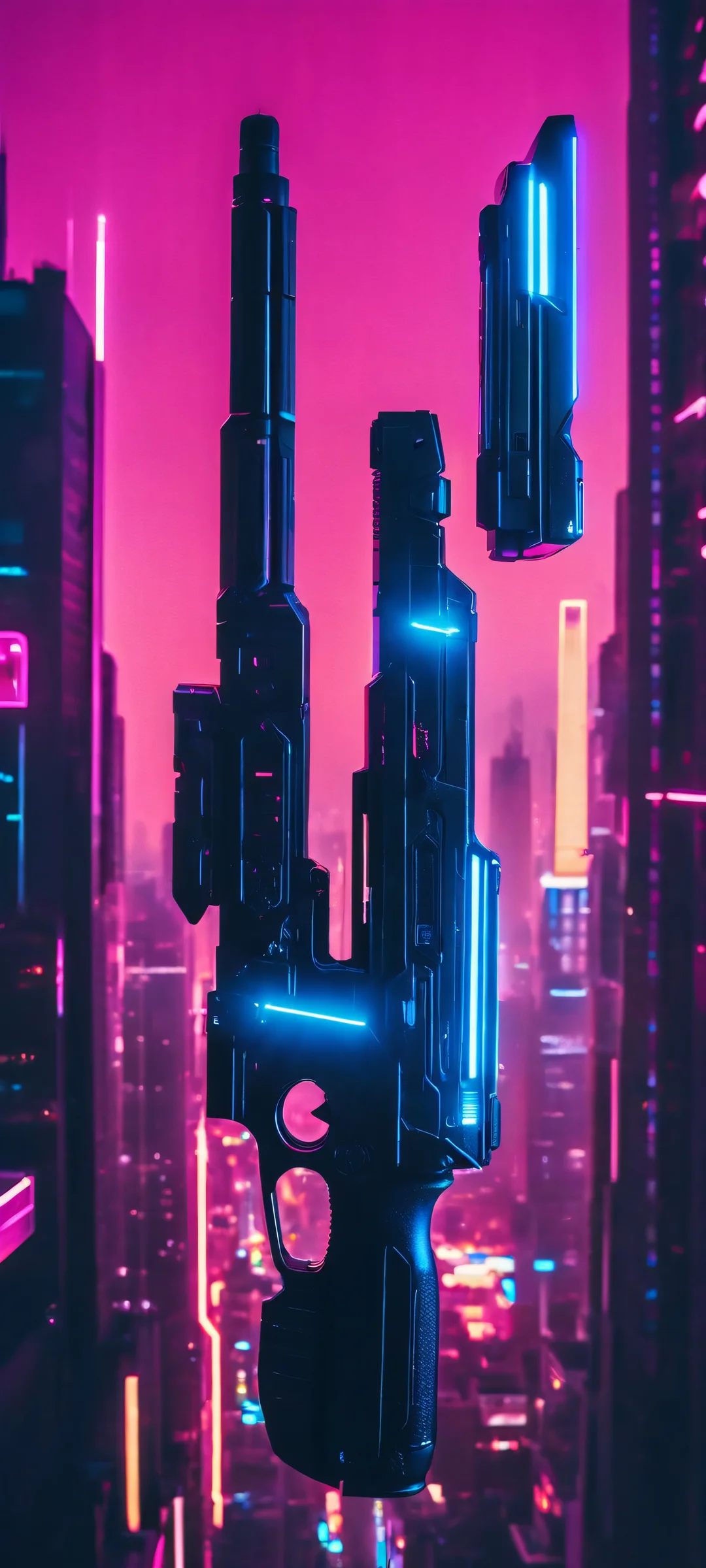 iPhone and Android users will love this stunning cyberpunk cityscape featuring a glowing weapon, with neon pink and electric blue hues. Perfect for home screens.