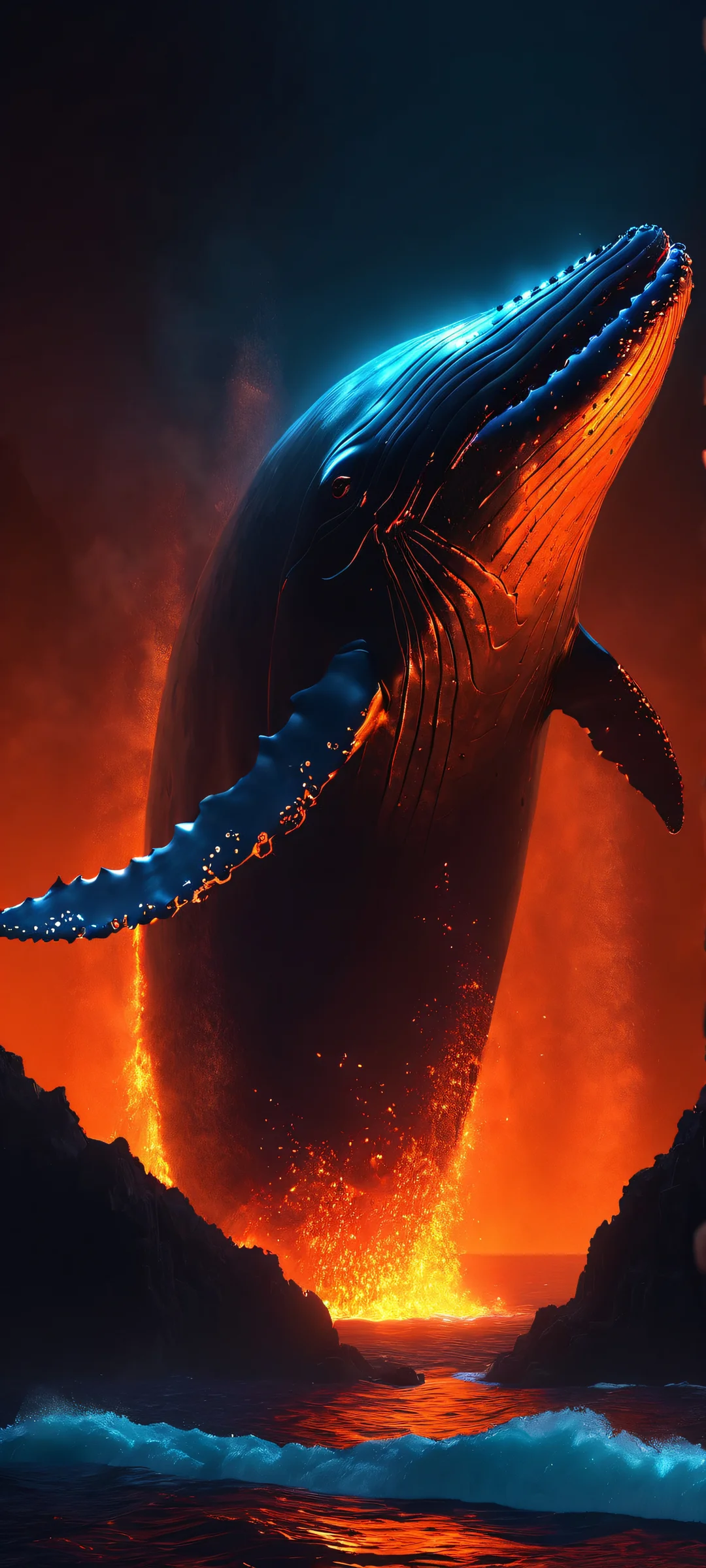 Stunning mobile wallpaper of a glowing whale illuminated by fiery volcanic lava flows. iPhone や Android のホーム画面に最適.