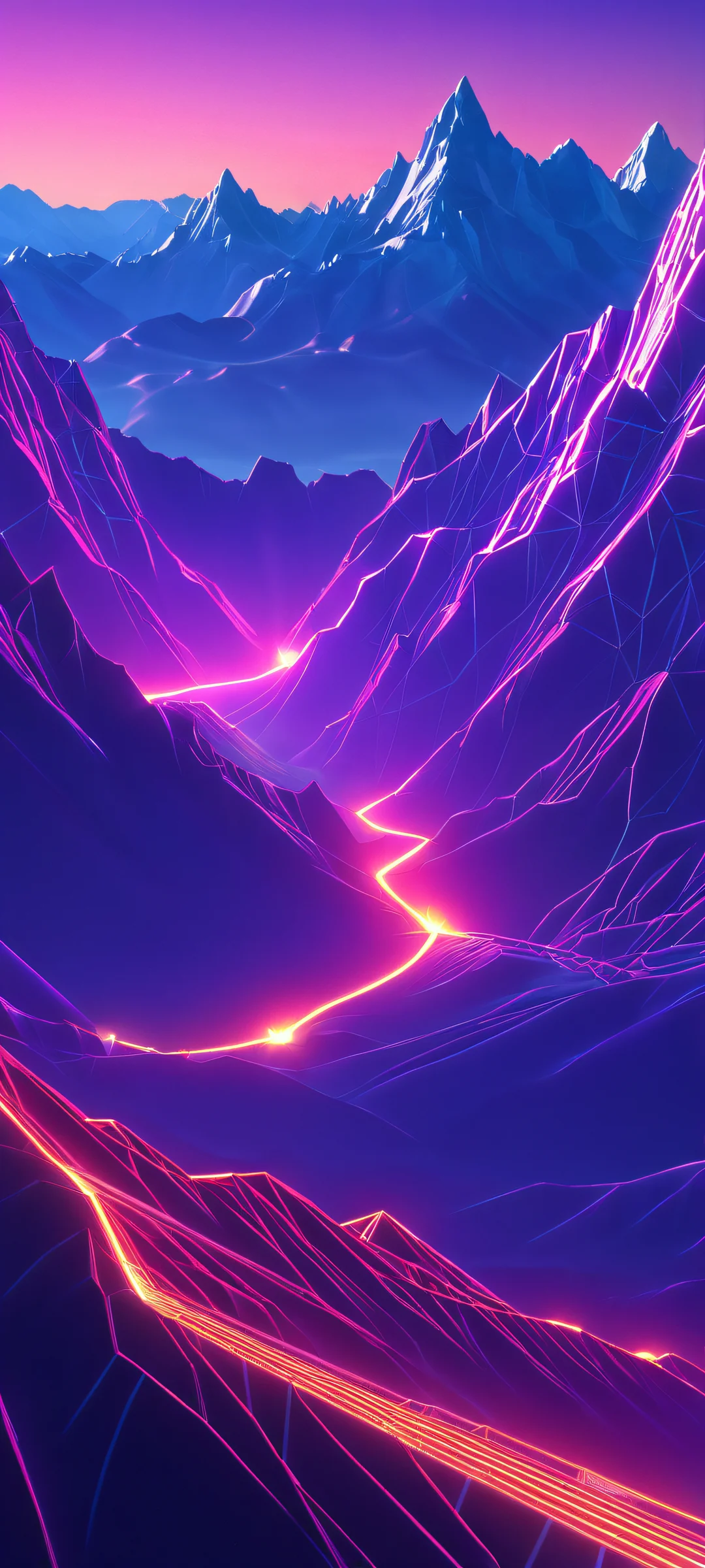Glowing Wireframe Mountains 2K QHD Mobile Wallpaper Breathtaking vertical mobile phone wallpaper featuring glowing wireframe mountains posing against a detailed background, perfect for iPhone and Android devices.