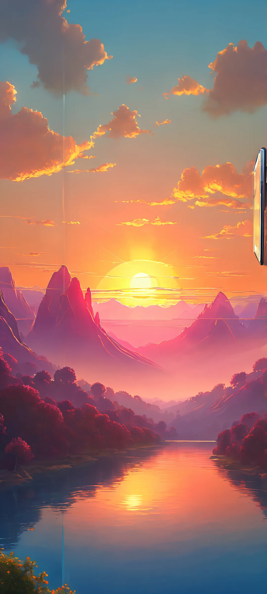 Glowing Wireframe Sunset QHD Phone Background A dreamy landscape of a valley at sunset, with glowing wireframes and subtle neon hues, perfectly optimized for iPhone, Samsung Galaxy, and Android home screens.