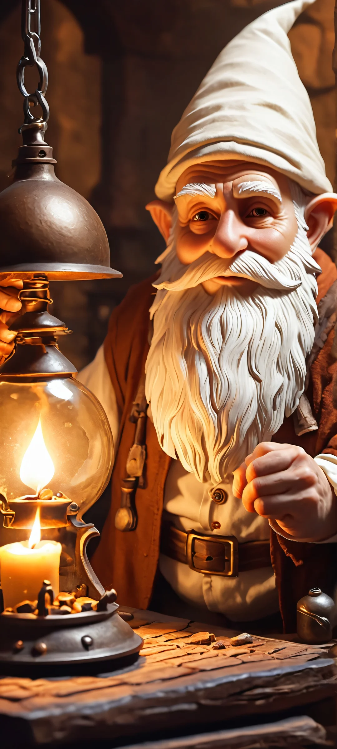 A fantastical iPhone/Android wallpaper featuring a gnome scientist surrounded by warm whites and rich browns in a mystical dungeon lab.