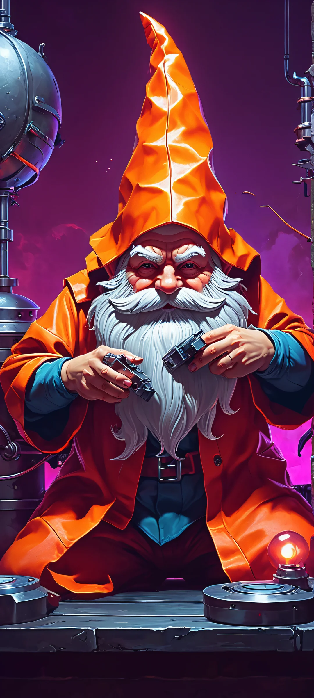 A gnome scientist working in a dungeon lab lit by fiery candles and retro synthwave neon lights, perfect for iPhone or Android home screens.