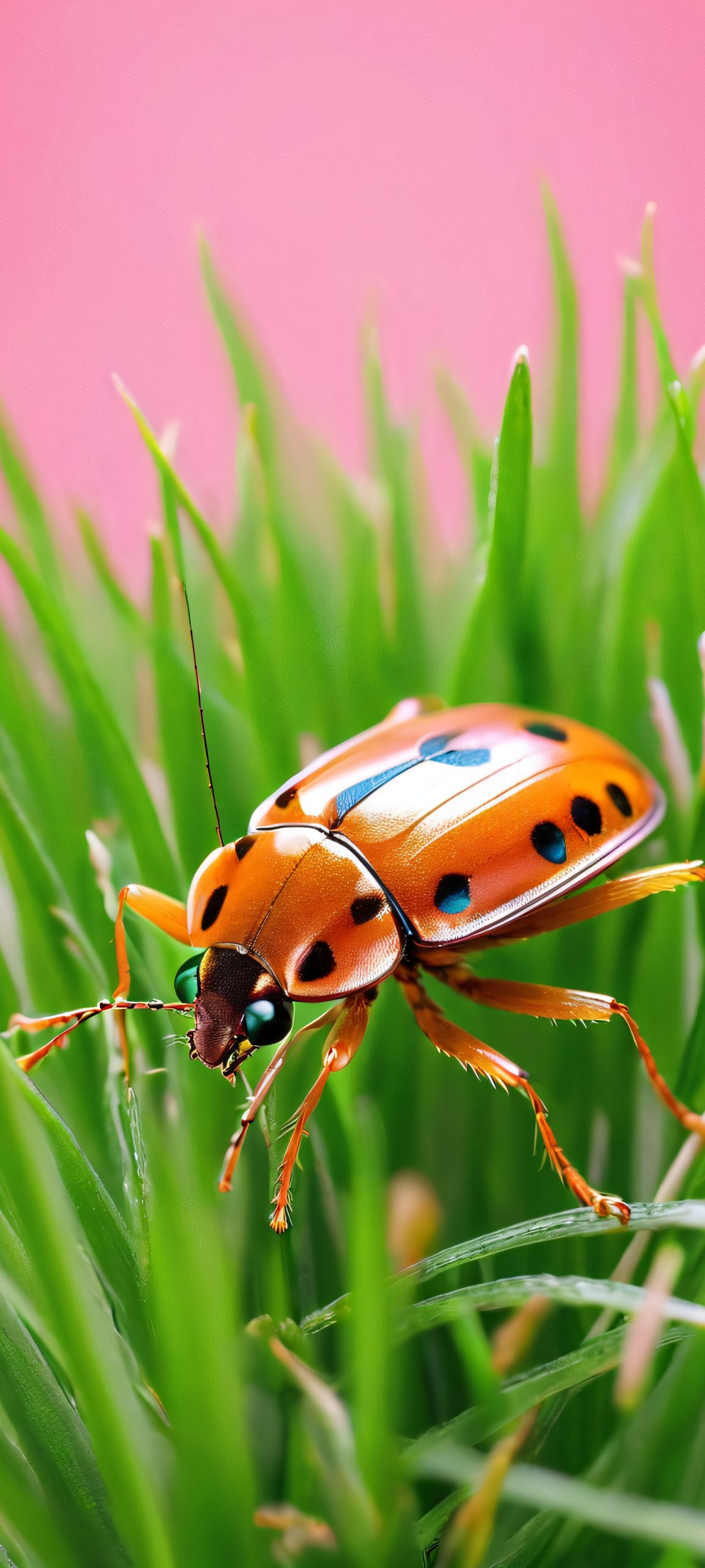 A realistic image of a bug surrounded by lush green grass, perfect for your iPhone or Android home screen.